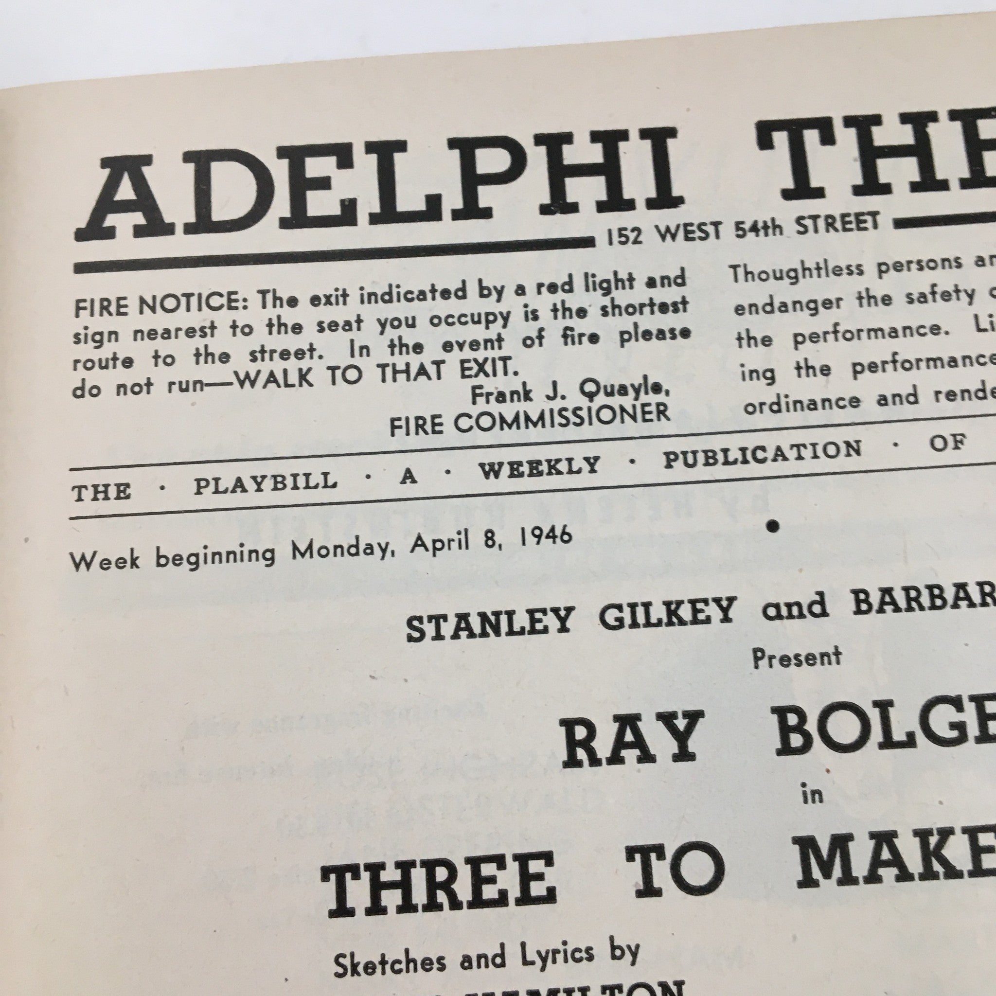 1946 Playbill Adelphi Theatre Present Ray Bolger in Three To Make Ready