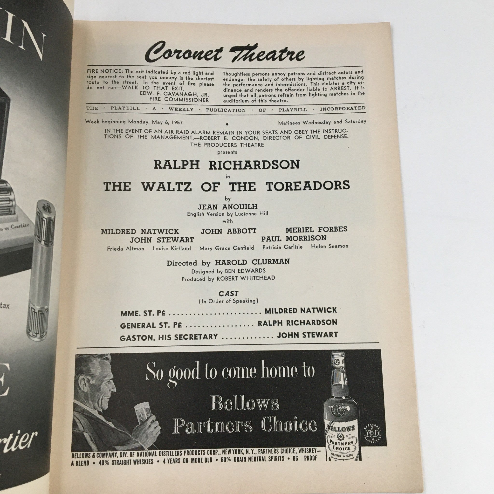 1957 Playbill Coronet Theater Present Ralph Richardson in The Waltz of Toreadors