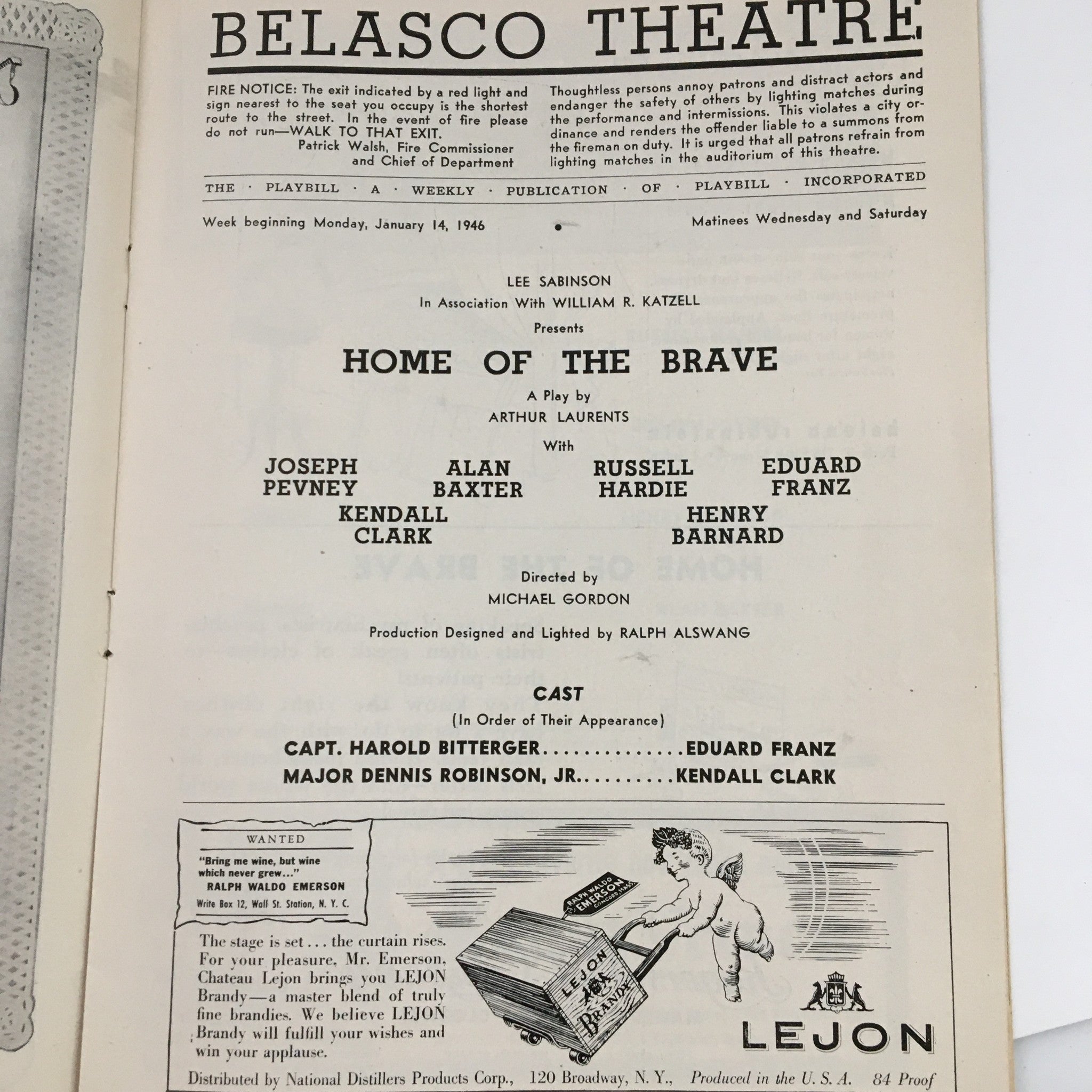 1946 Playbill Belasco Theatre Presents Home of the Brave by Arthur Laurents