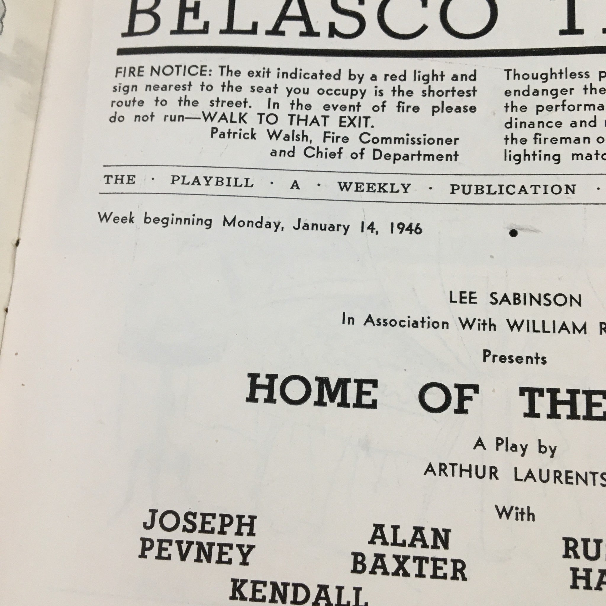 1946 Playbill Belasco Theatre Presents Home of the Brave by Arthur Laurents