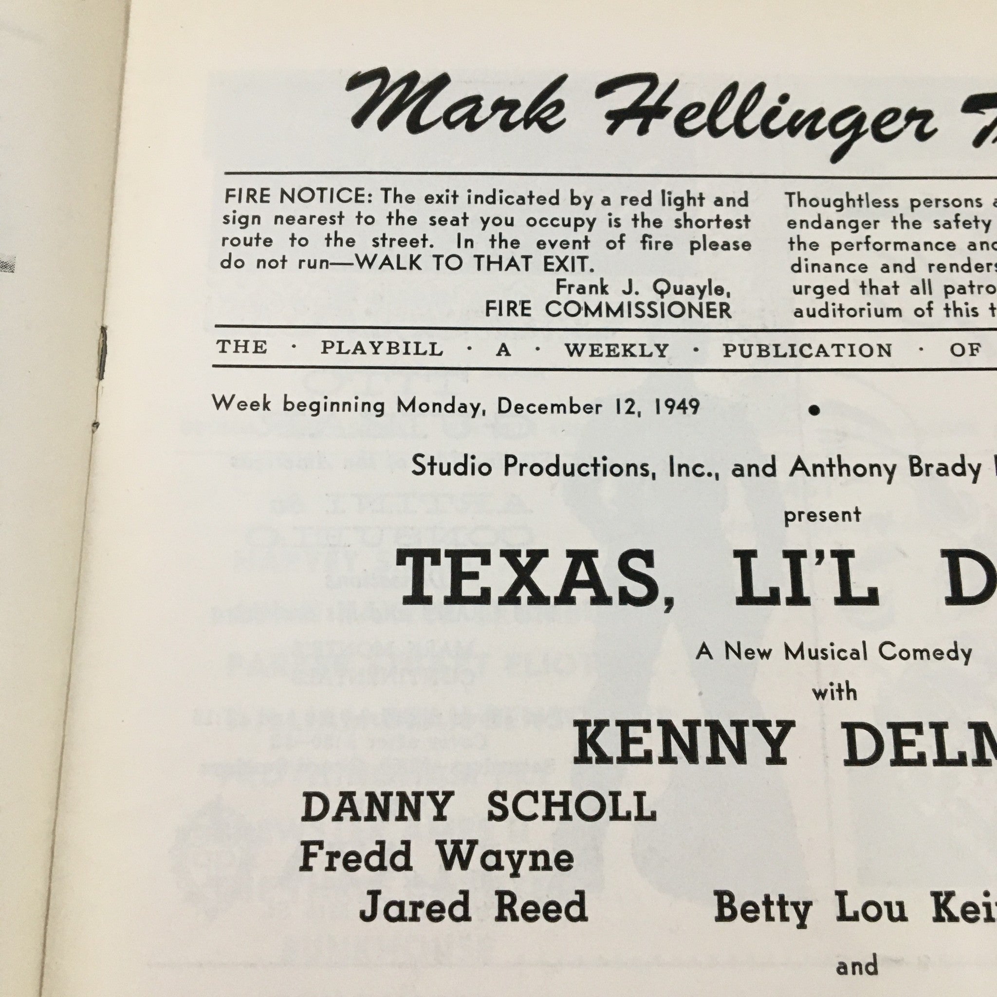 1949 Playbill Mark Hellinger Theatre Present Kenny Delmar in Texas, Lil' Darlin'