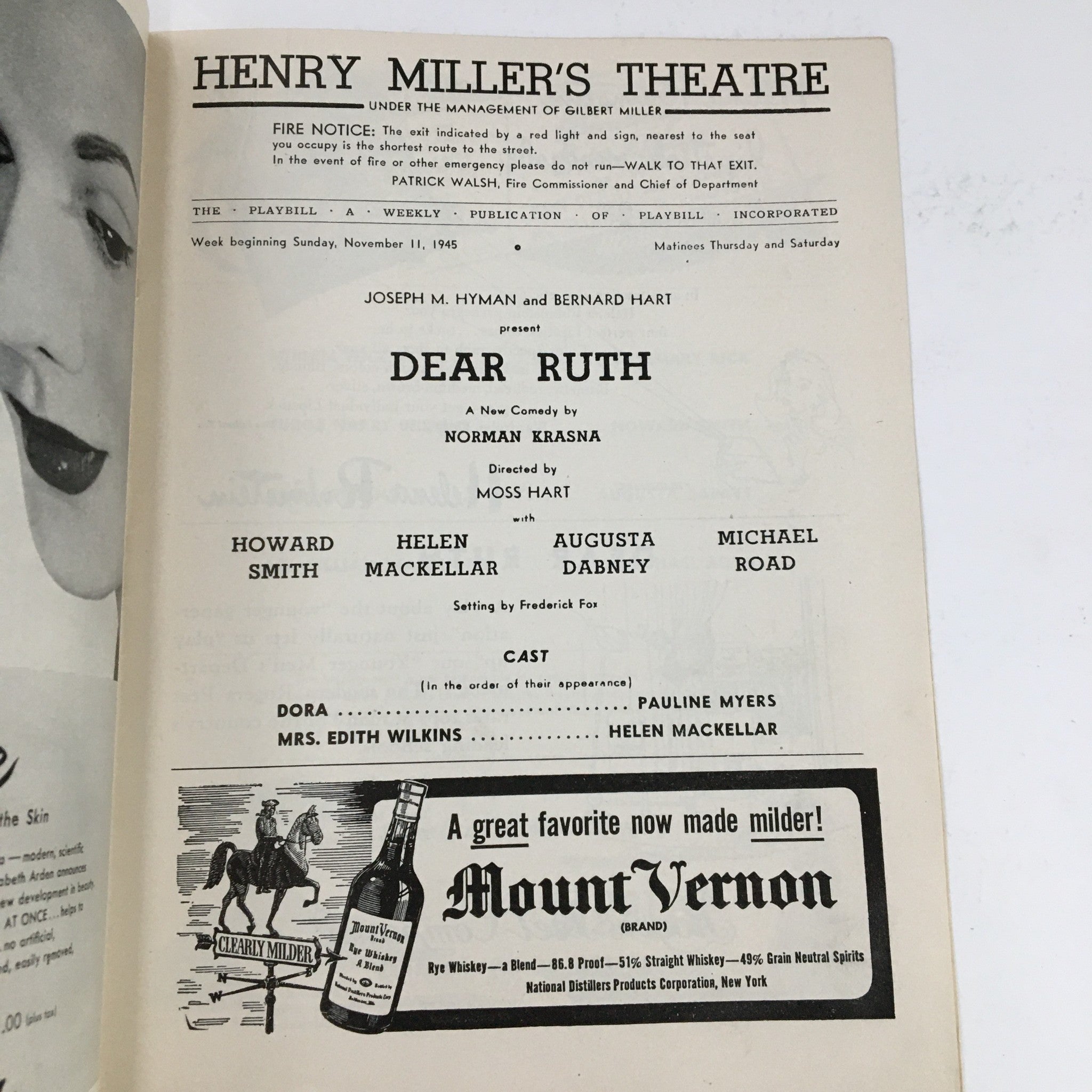 1945 Playbill Henry Miller's Theater Joseph H. Hyman Present Dear Ruth