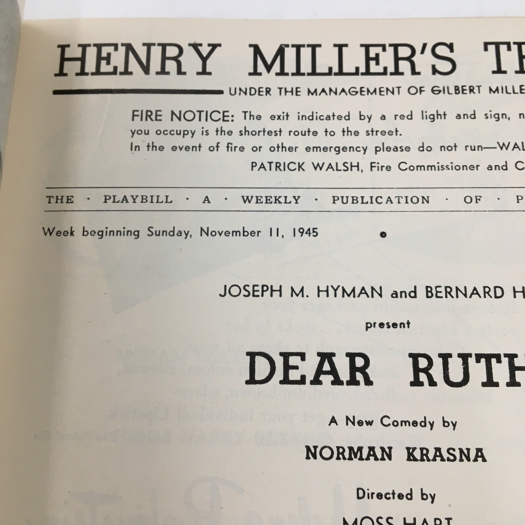 1945 Playbill Henry Miller's Theater Joseph H. Hyman Present Dear Ruth