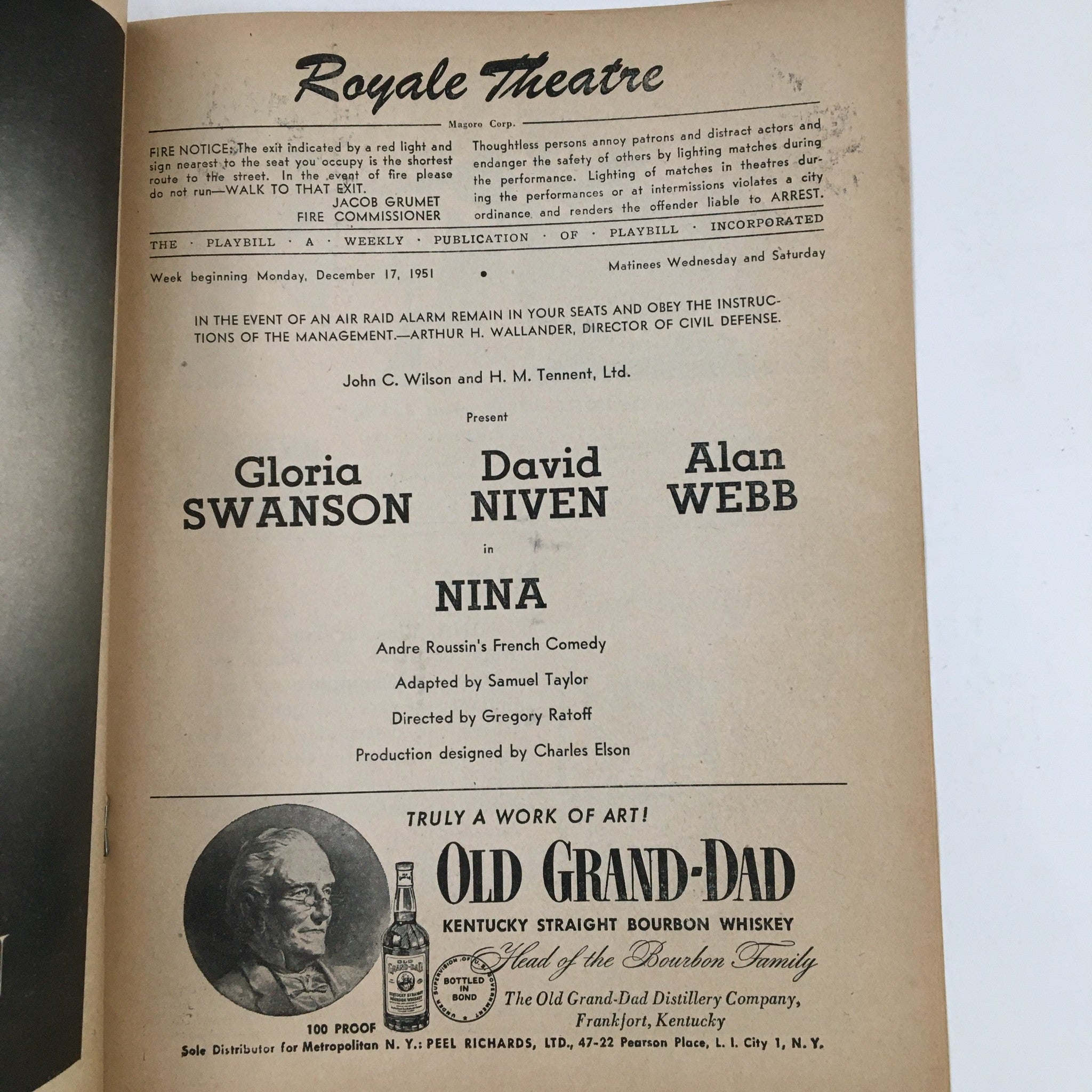 1951 Playbill Royale Theatre Present Gloria Swanson & Alan Webb in Nina