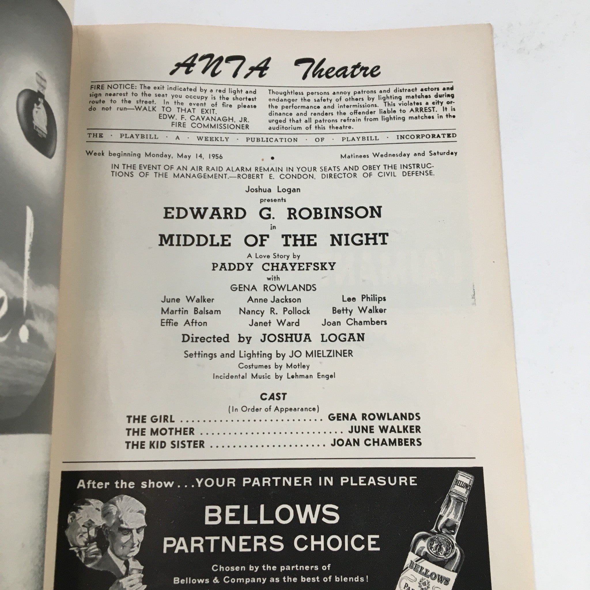 1956 Playbill Anta Theatre Present Edward G. Robinson in Middle of the Night