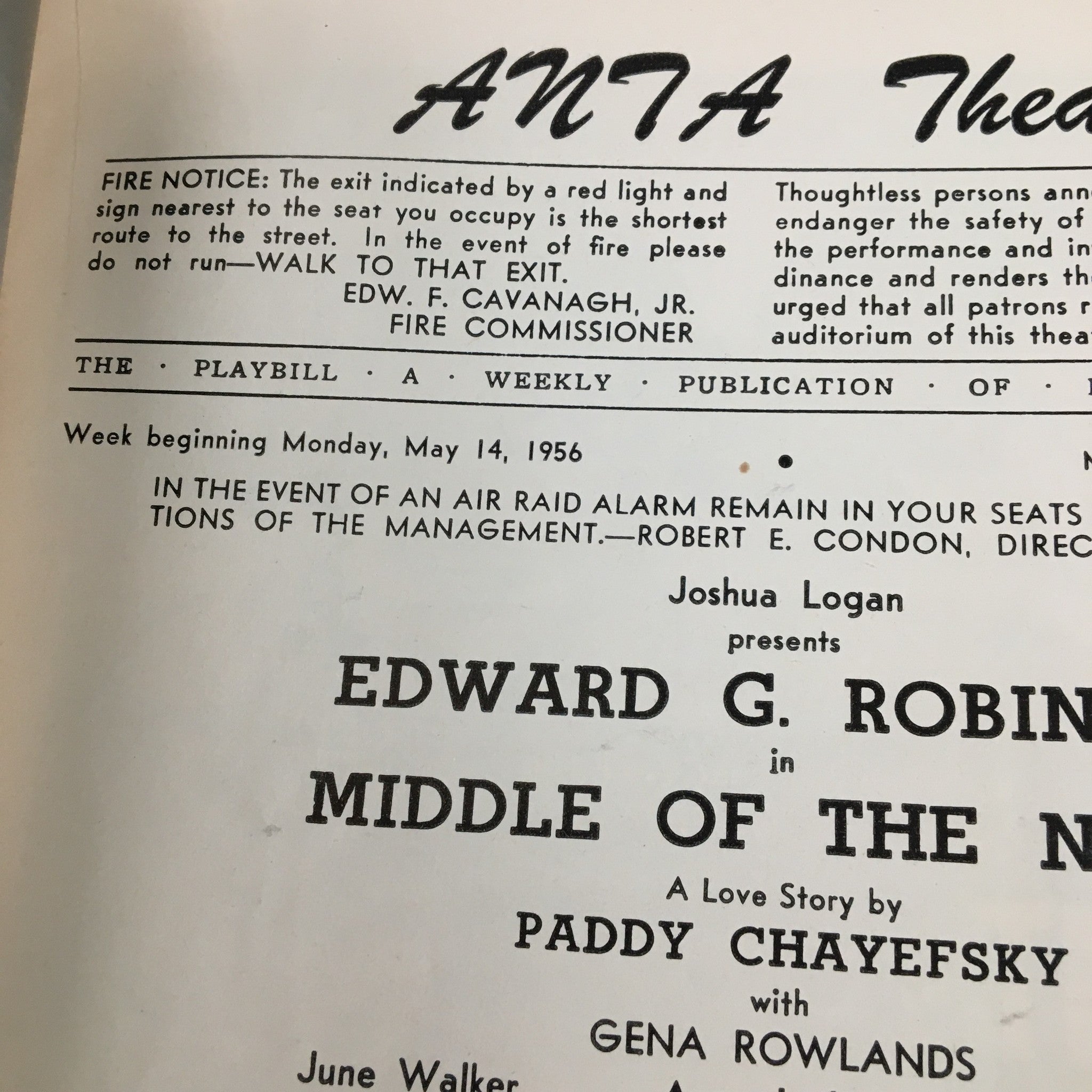 1956 Playbill Anta Theatre Present Edward G. Robinson in Middle of the Night