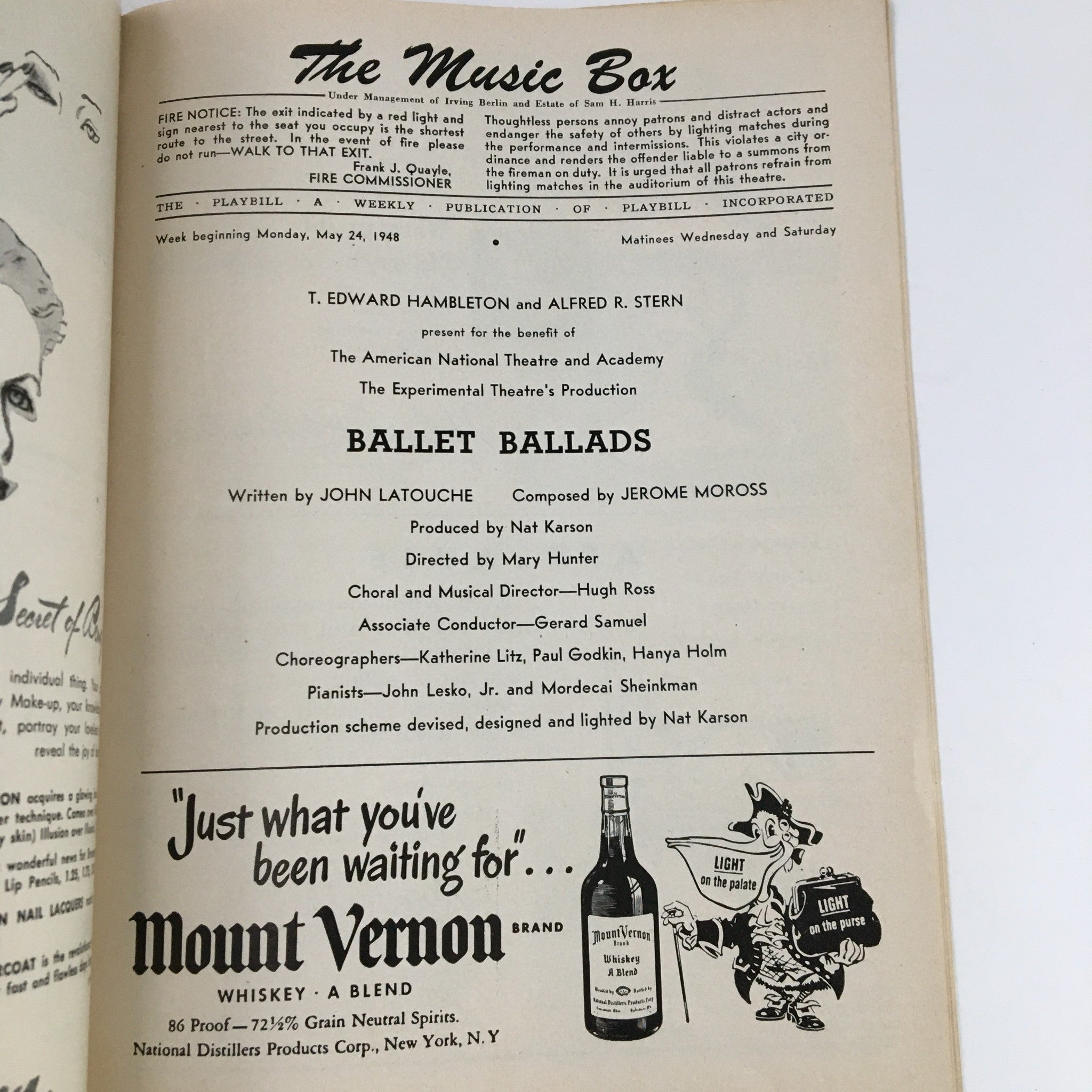 1948 Playbill The Music Box T. Edward Hambleton Present Ballet Ballads