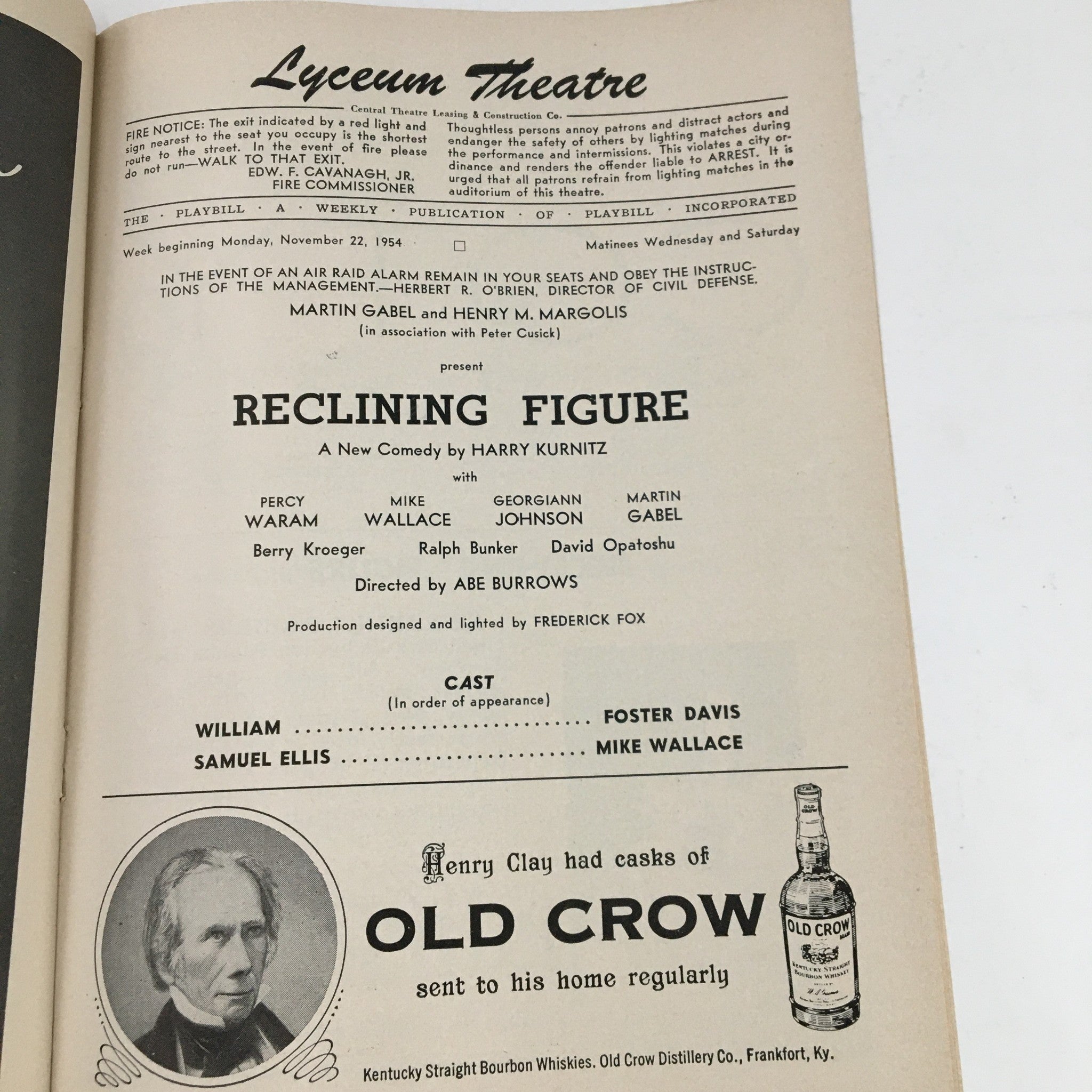 1954 Playbill Lyceum Theatre Present Reclining Figure by Harry Kurnitz