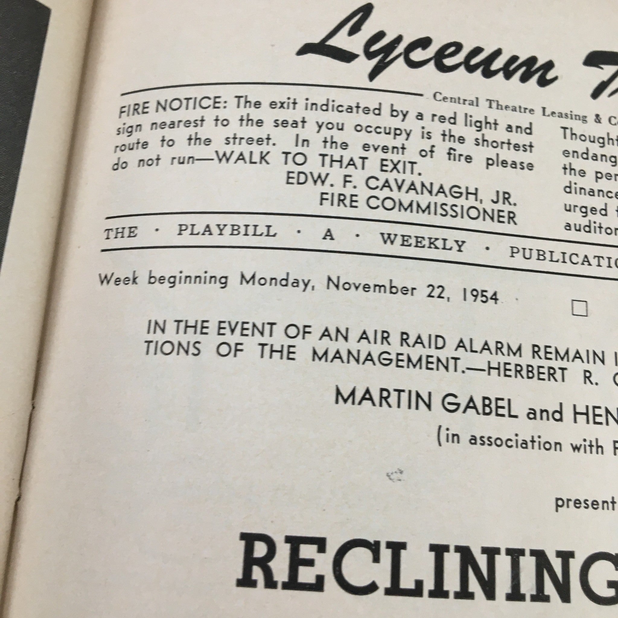 1954 Playbill Lyceum Theatre Present Reclining Figure by Harry Kurnitz