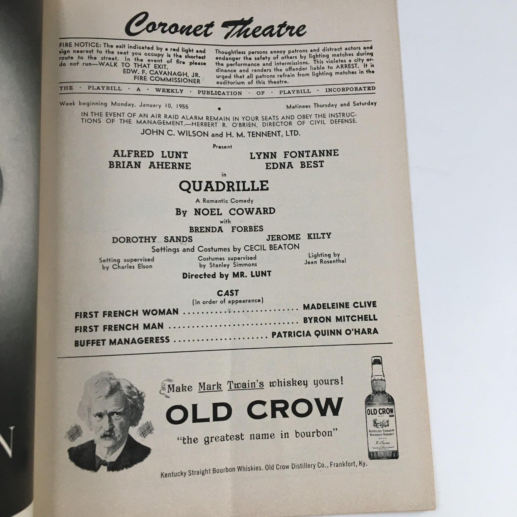 1955 Playbill Coronet Theater Present Alfred Lunt in Quadrille by Mr. Lunt