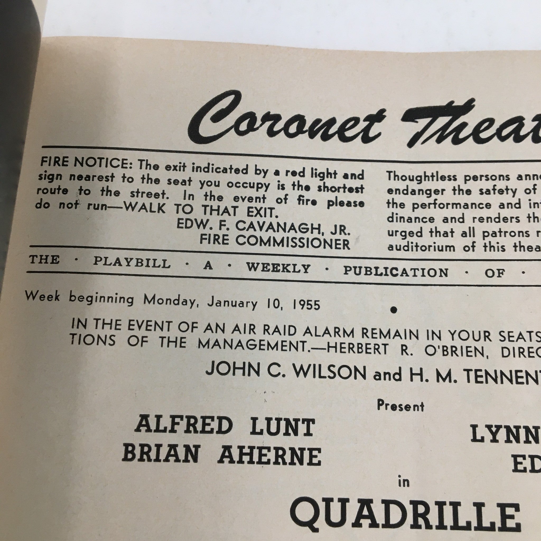 1955 Playbill Coronet Theater Present Alfred Lunt in Quadrille by Mr. Lunt