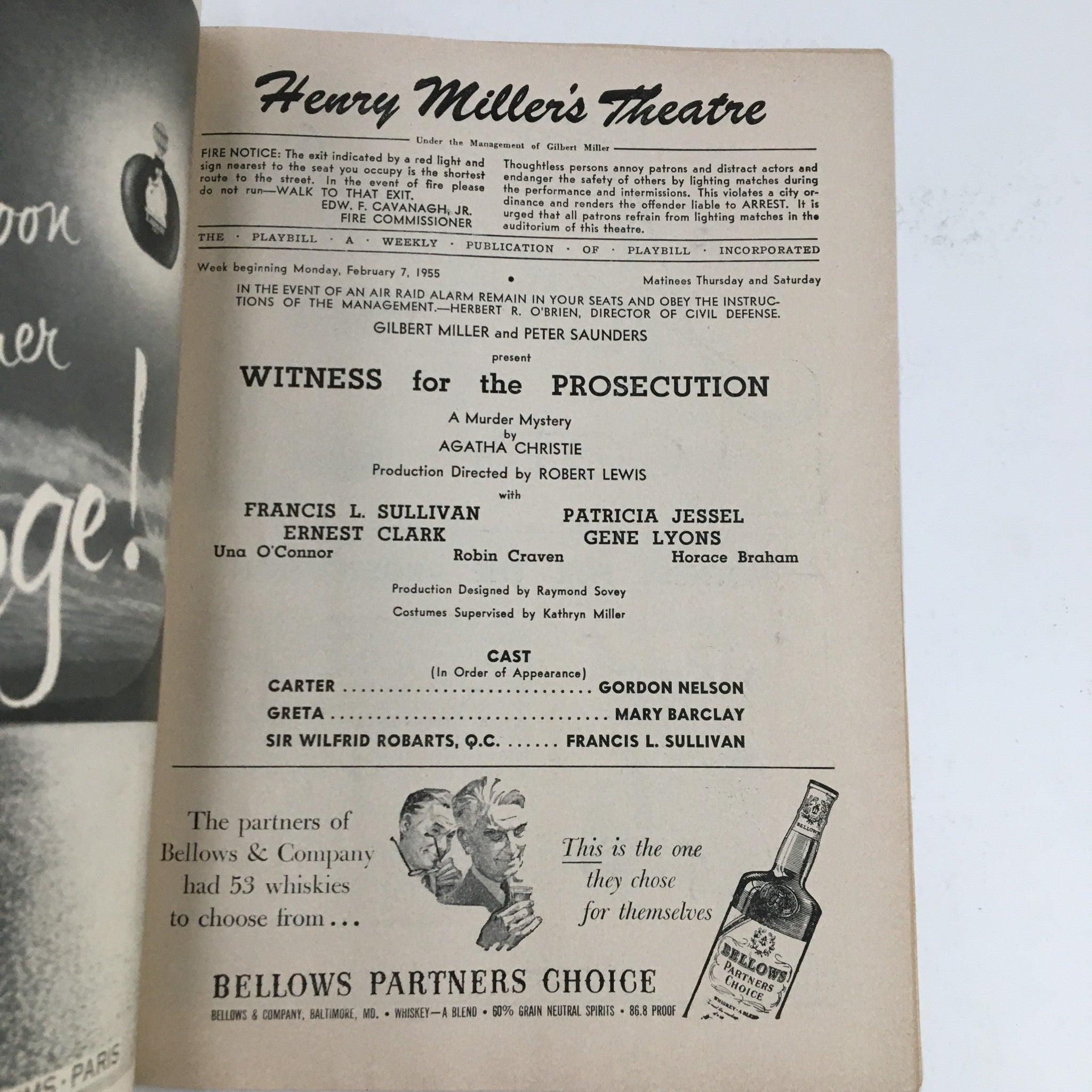 1955 Playbill Henry Miller's Theatre Present Witness for the Prosecution