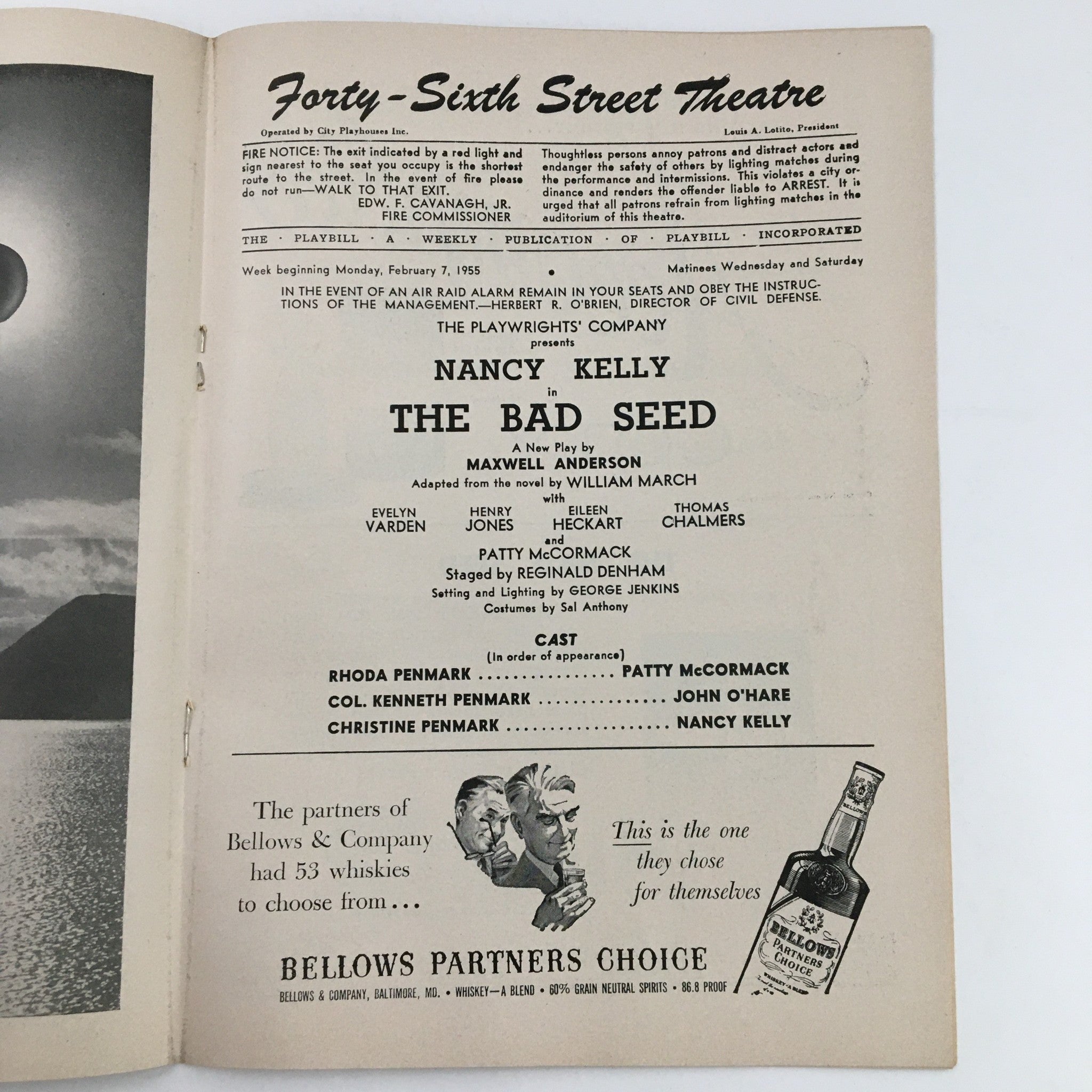 1955 Playbill Forty-Sixth Street Theatre Presents Nancy Kelly in The Bad Seed