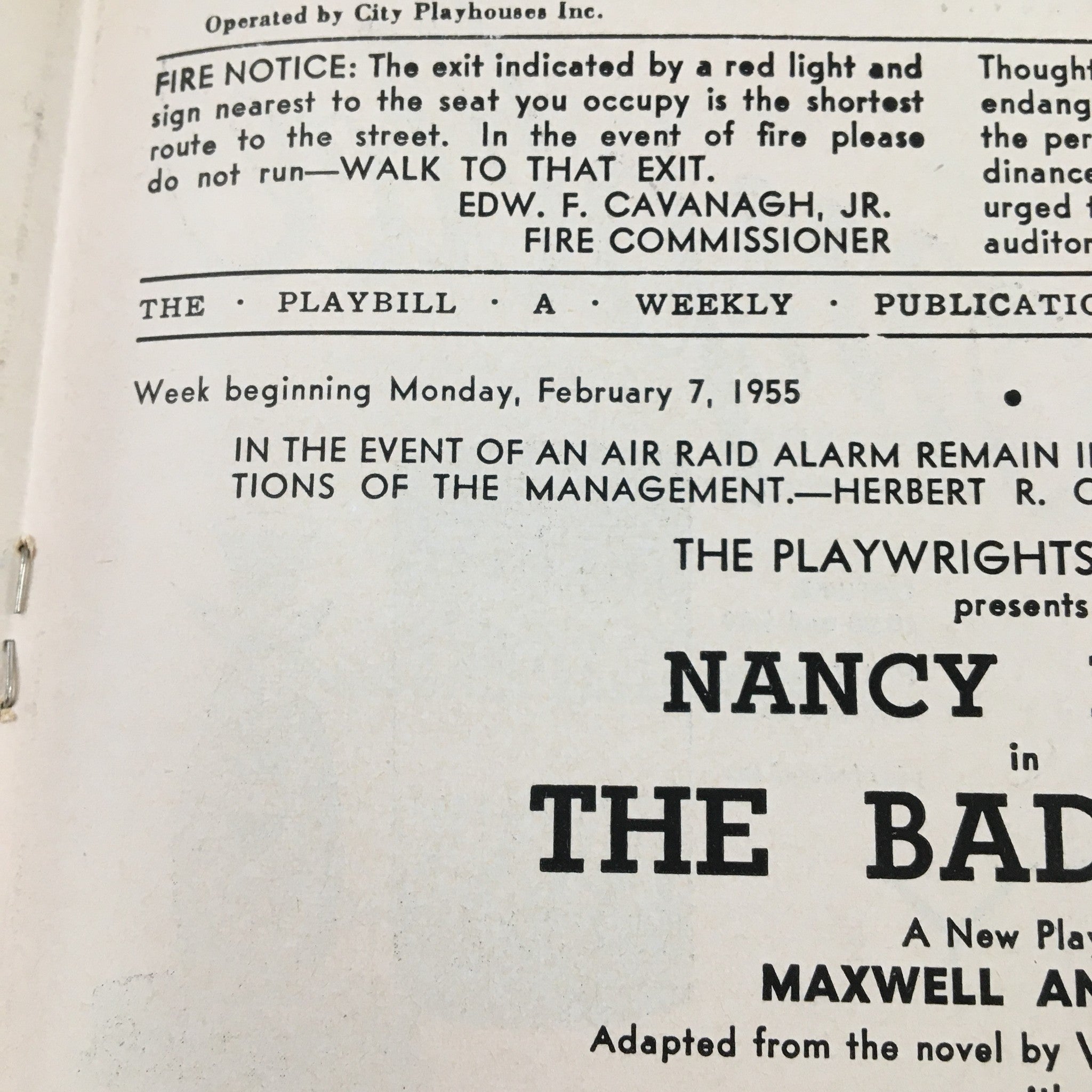 1955 Playbill Forty-Sixth Street Theatre Presents Nancy Kelly in The Bad Seed