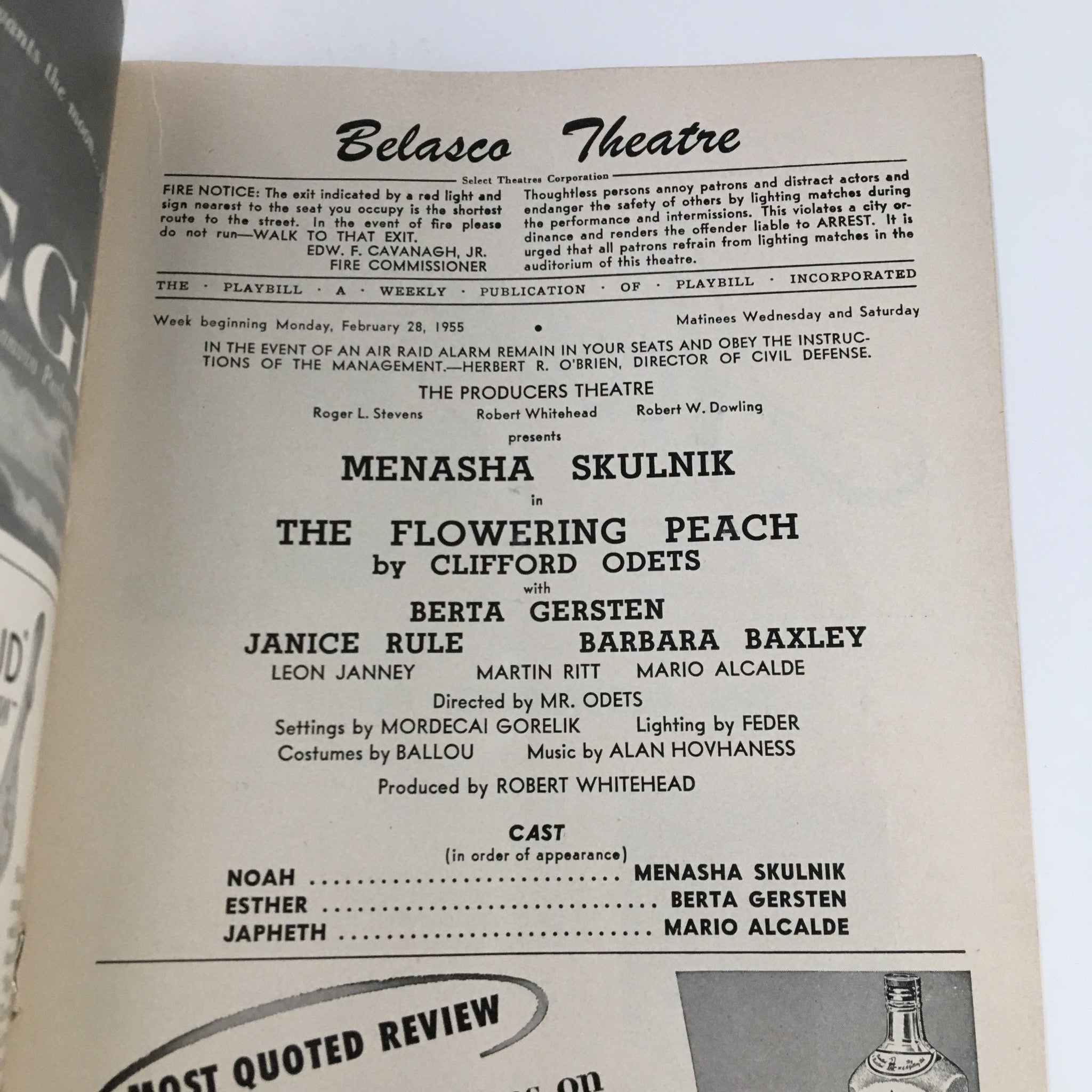 1955 Playbill Belasco Theatre Presents Menasha Skulnik in The Flowering Peach