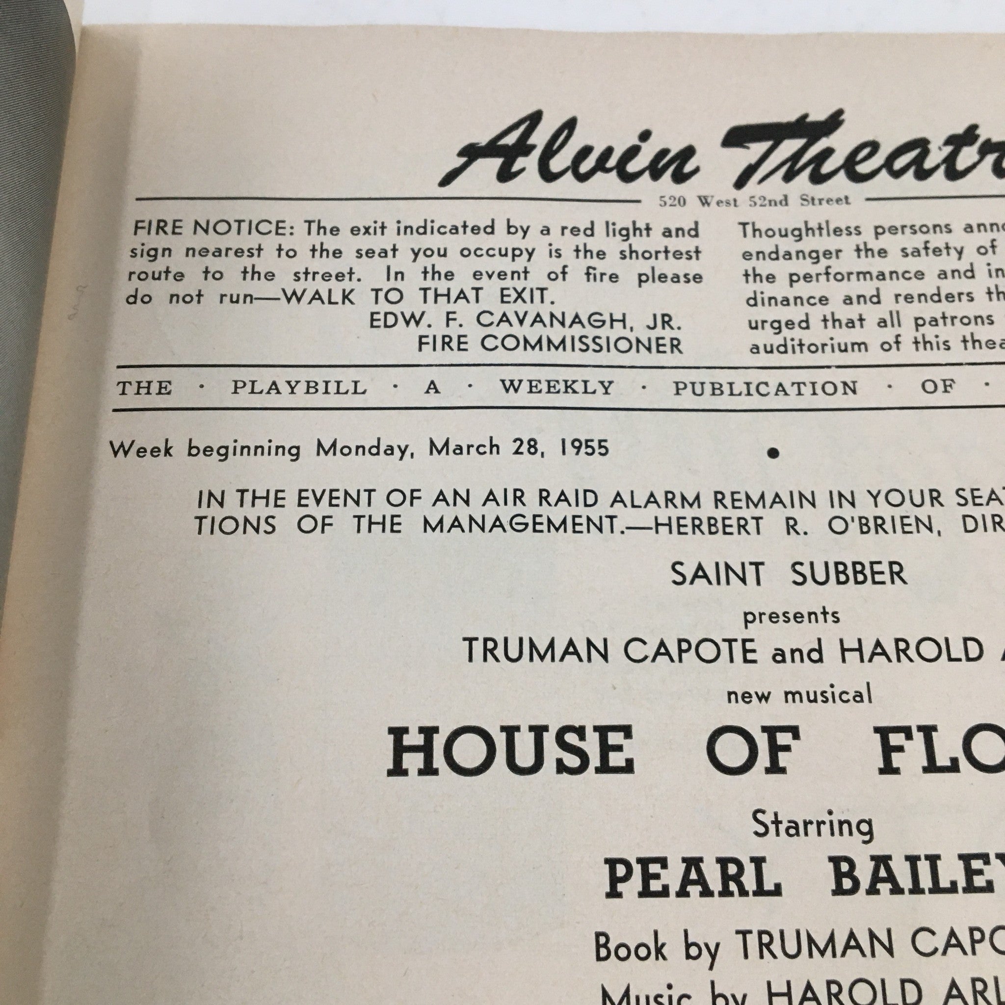 1955 Playbill Alvin Theatre Truman Capote Present House of Flowers A Musical