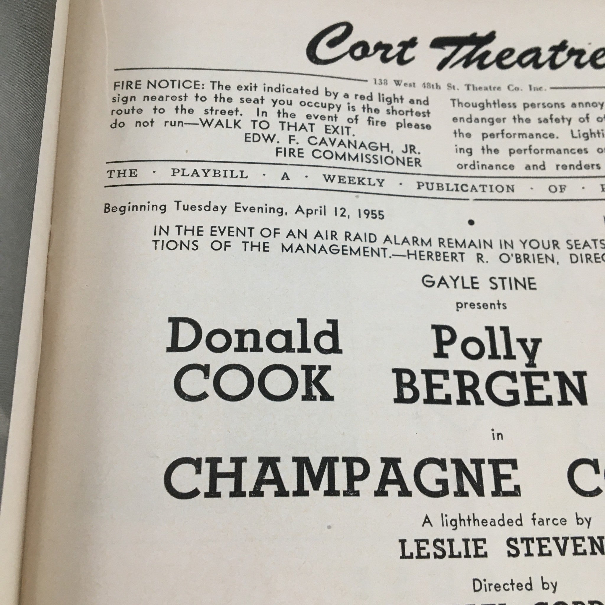 1955 Playbill Cort Theatre Presents Donald Cook in Champagne Complex