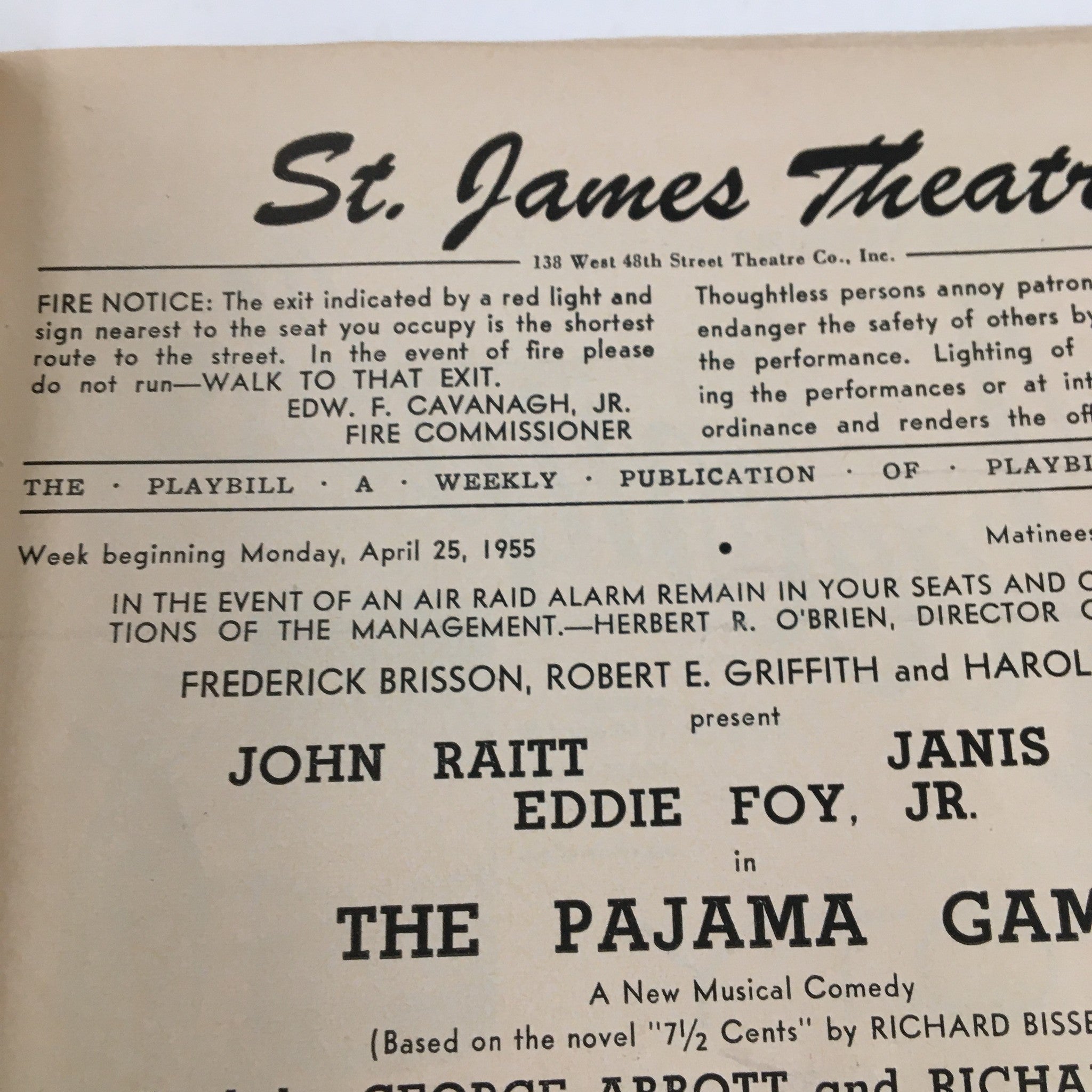 1955 Playbill St. James Theatre Present Eddie Foy Jr. in The Pajama Game