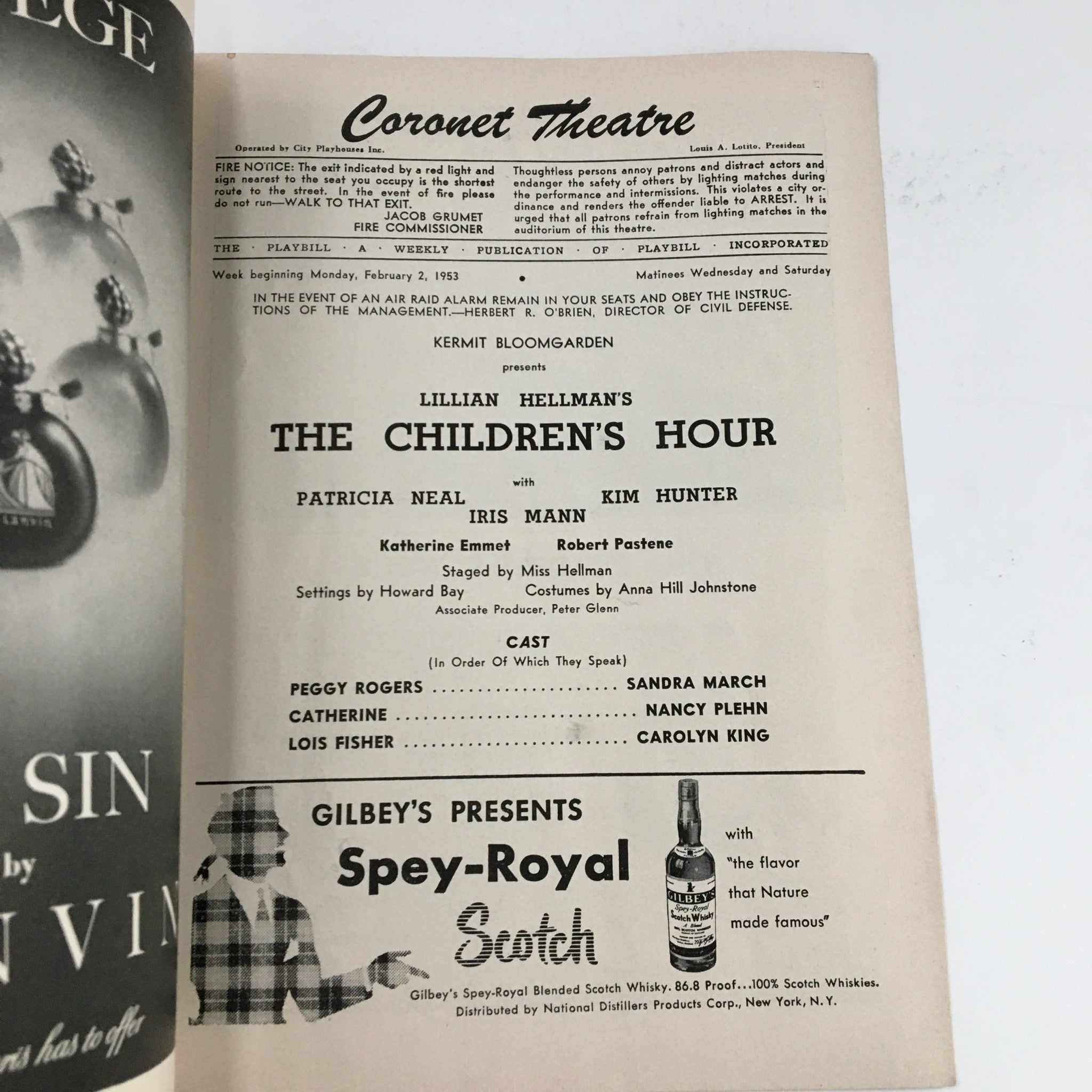 1953 Playbill Coronet Theatre Present Lillian Hellman's The Children's Hour