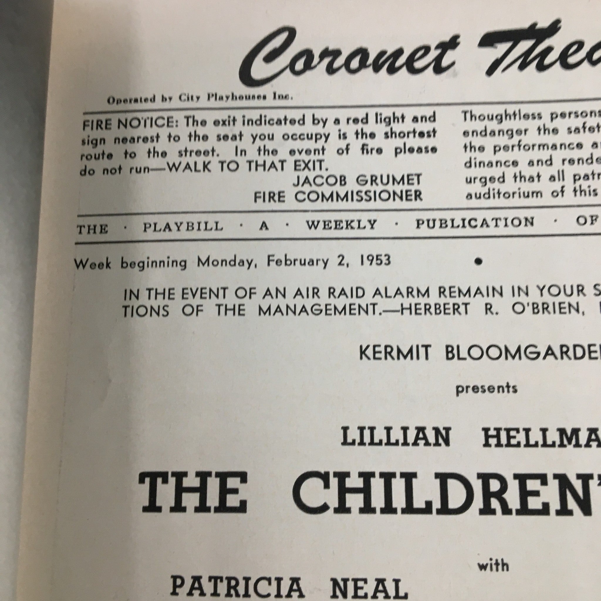 1953 Playbill Coronet Theatre Present Lillian Hellman's The Children's Hour