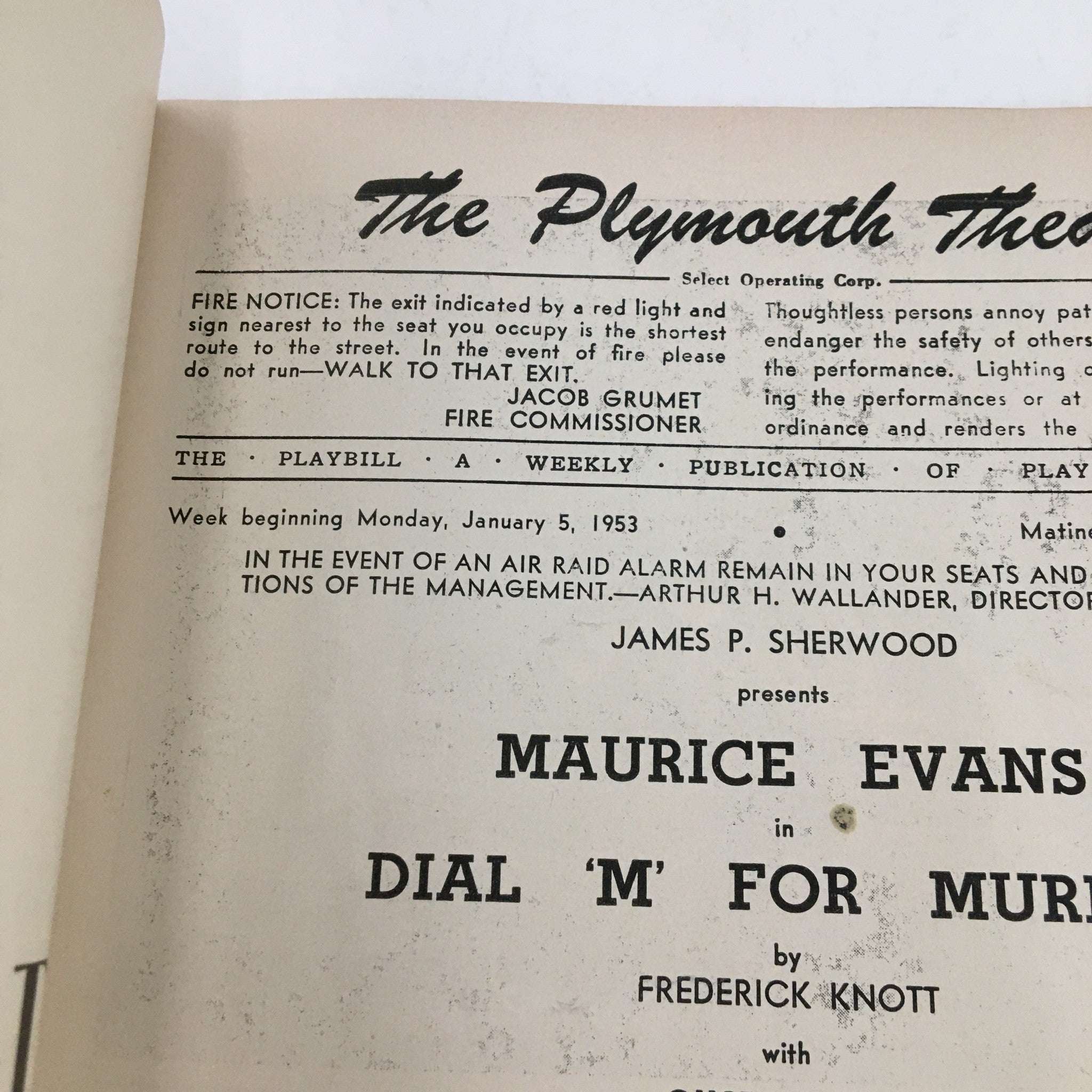 1953 Playbill The Plymouth Theatre Presents Maurice Evans in Dial M For Murder