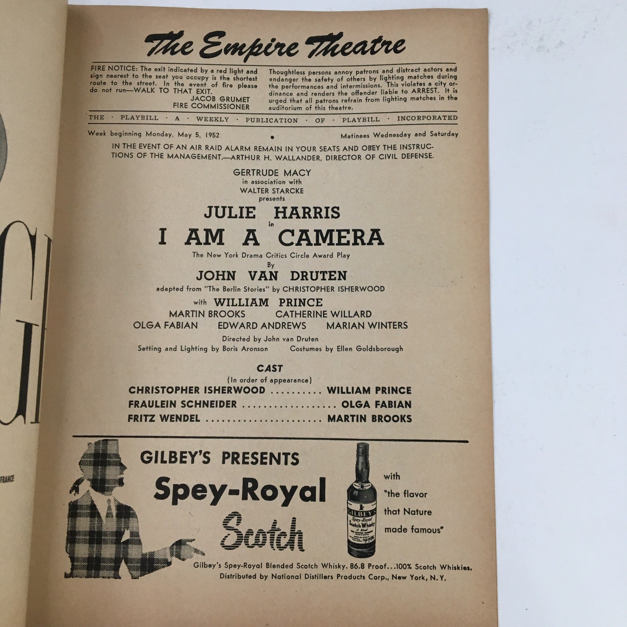 1952 Playbill The Empire Theatre Presents Julie Harris in I Am A Camera