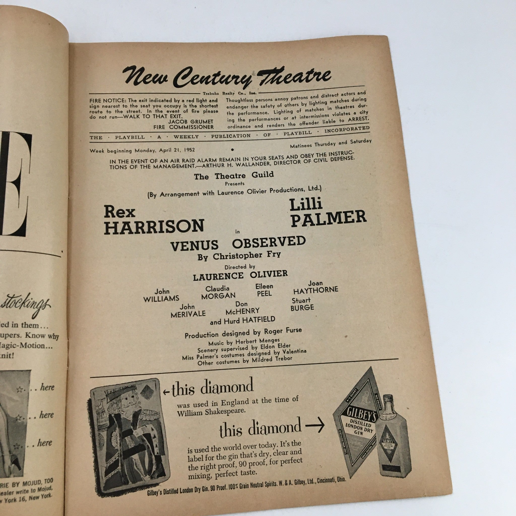 1952 Playbill New Century Theatre Rex Harrison and Lili Palmer in Venus Observed