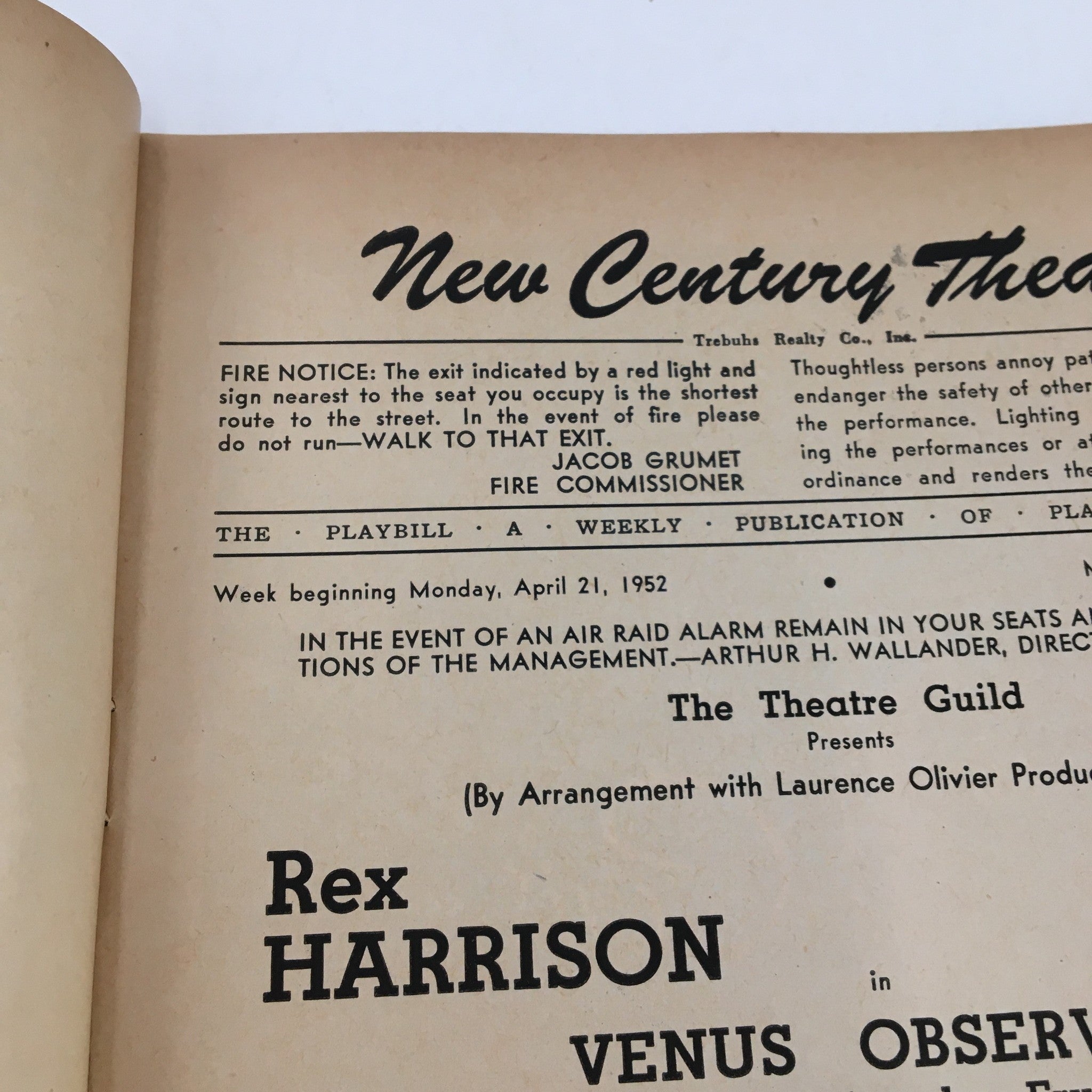 1952 Playbill New Century Theatre Rex Harrison and Lili Palmer in Venus Observed