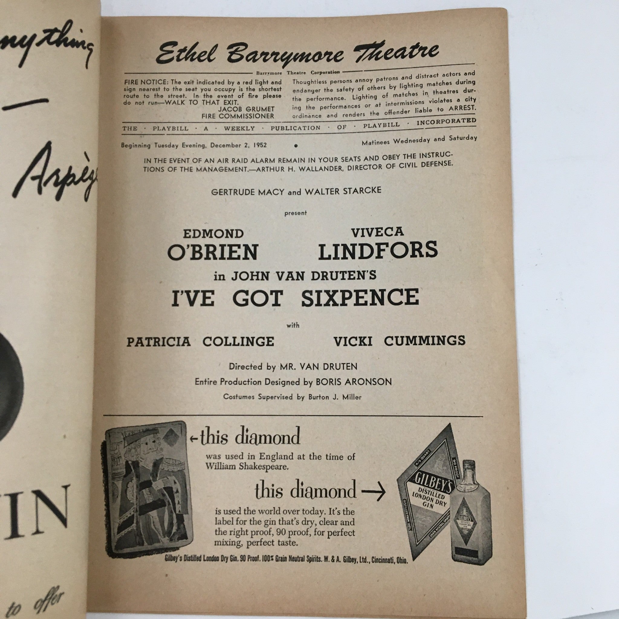 1952 Playbill Ethel Barrymore Theatre Present Edmond O'Brien I've Got Sixpence