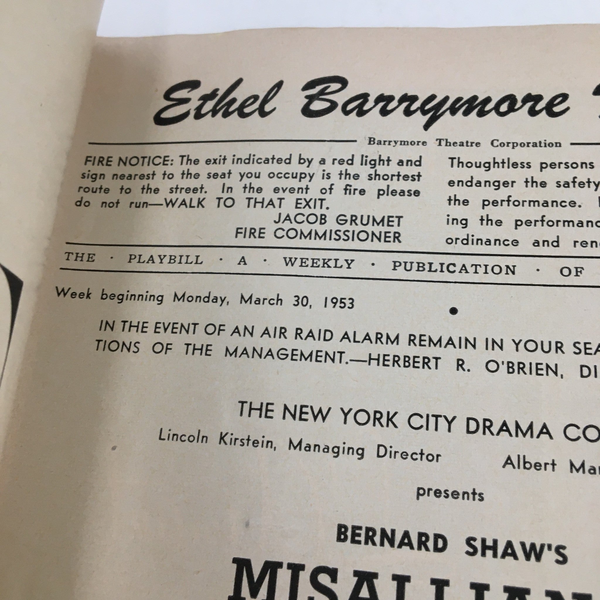 1953 Playbill Ethel Barrymore Theatre Bernard Shaw Misalliance by Cyril Ritchard