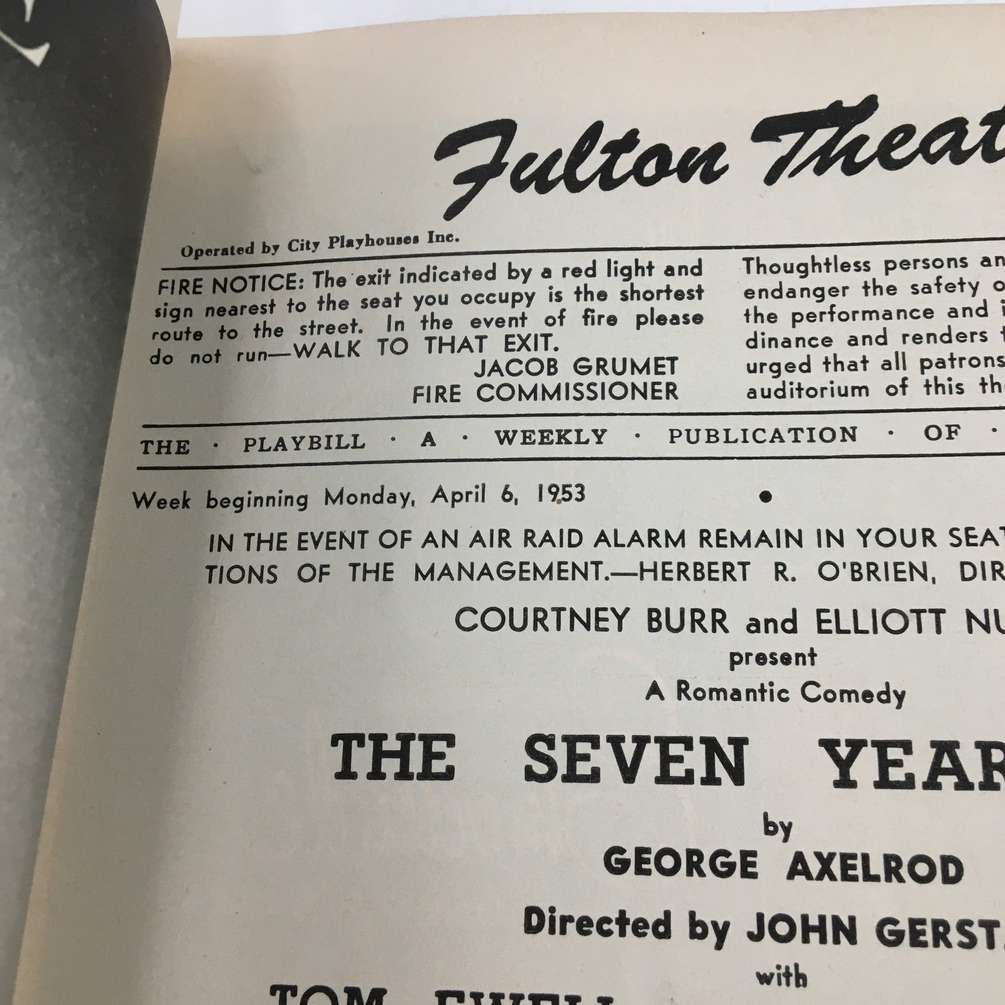 1953 Playbill Fulton Theatre Present The Seven Year Itch by George Axelrod