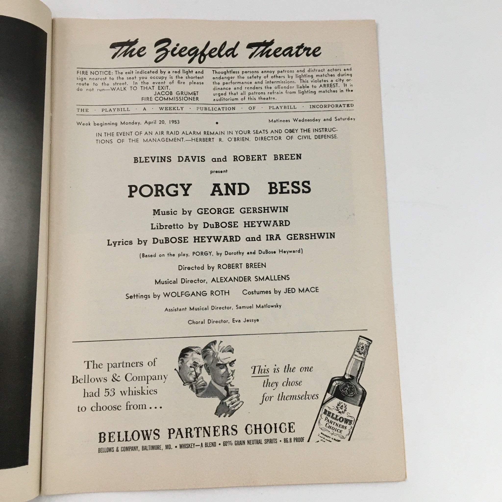 1953 Playbill The Fiegfeld Theatre Blevin Davis Present Porgy and Bess