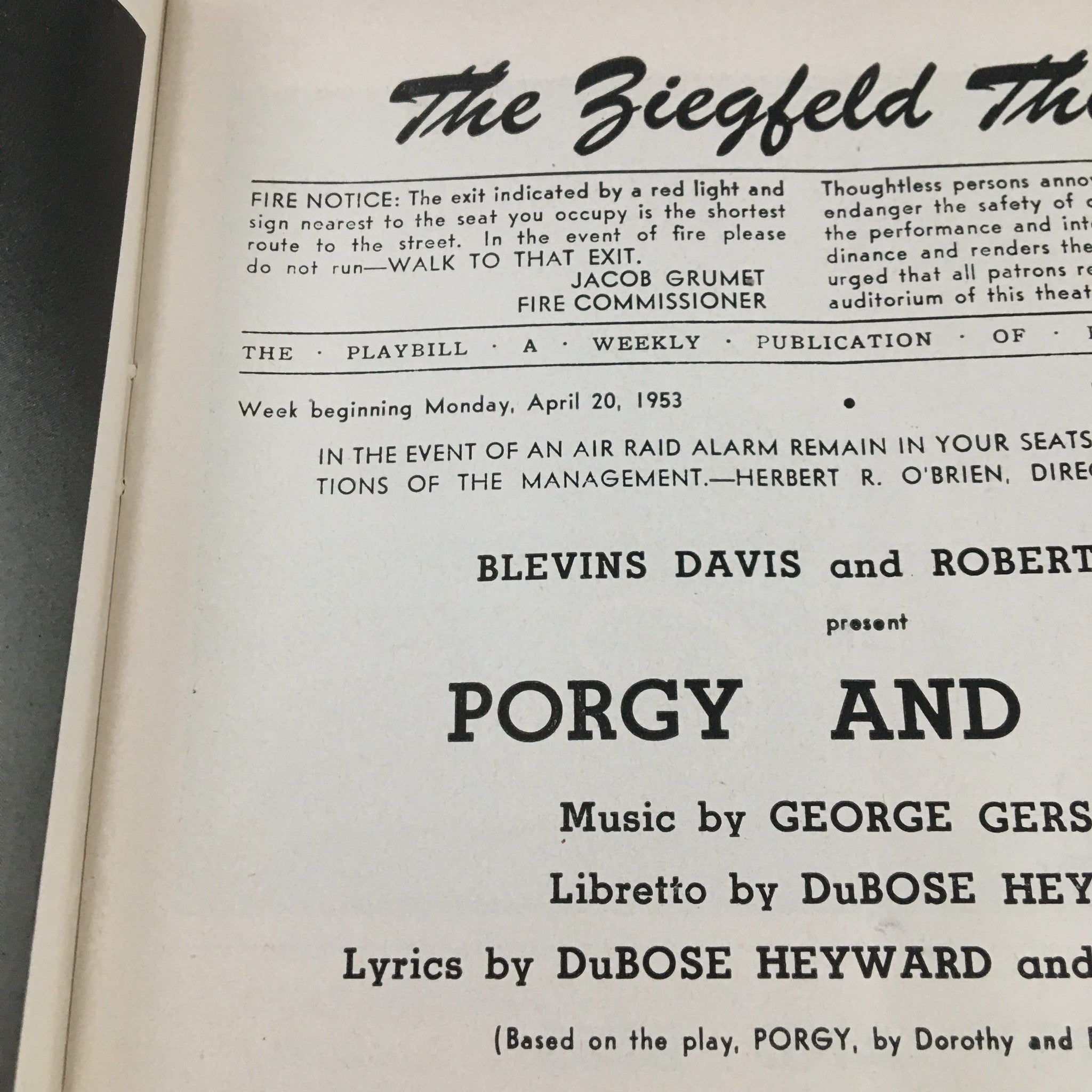 1953 Playbill The Fiegfeld Theatre Blevin Davis Present Porgy and Bess