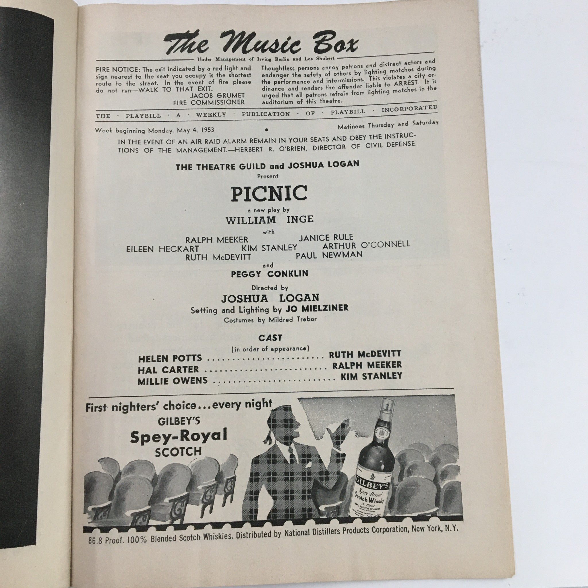 1953 Playbill The Music Box Joshua Logan Present Picnic New Play by William Inge