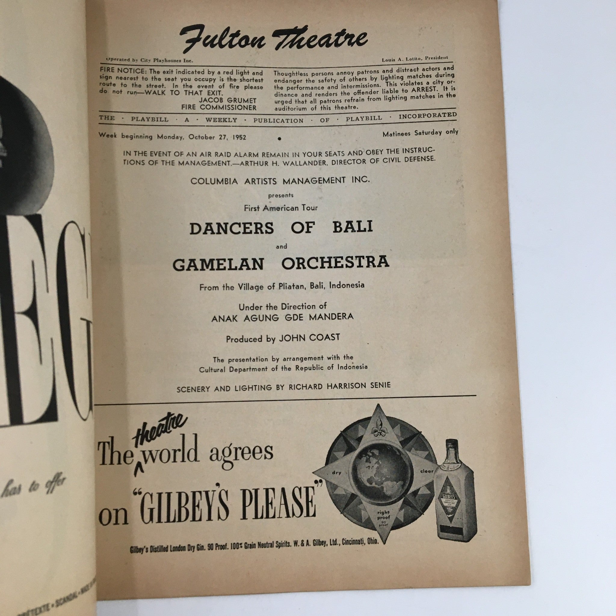 1952 Playbill Fulton Theatre Presents Dancers of Bali and Gamelan Orchestra