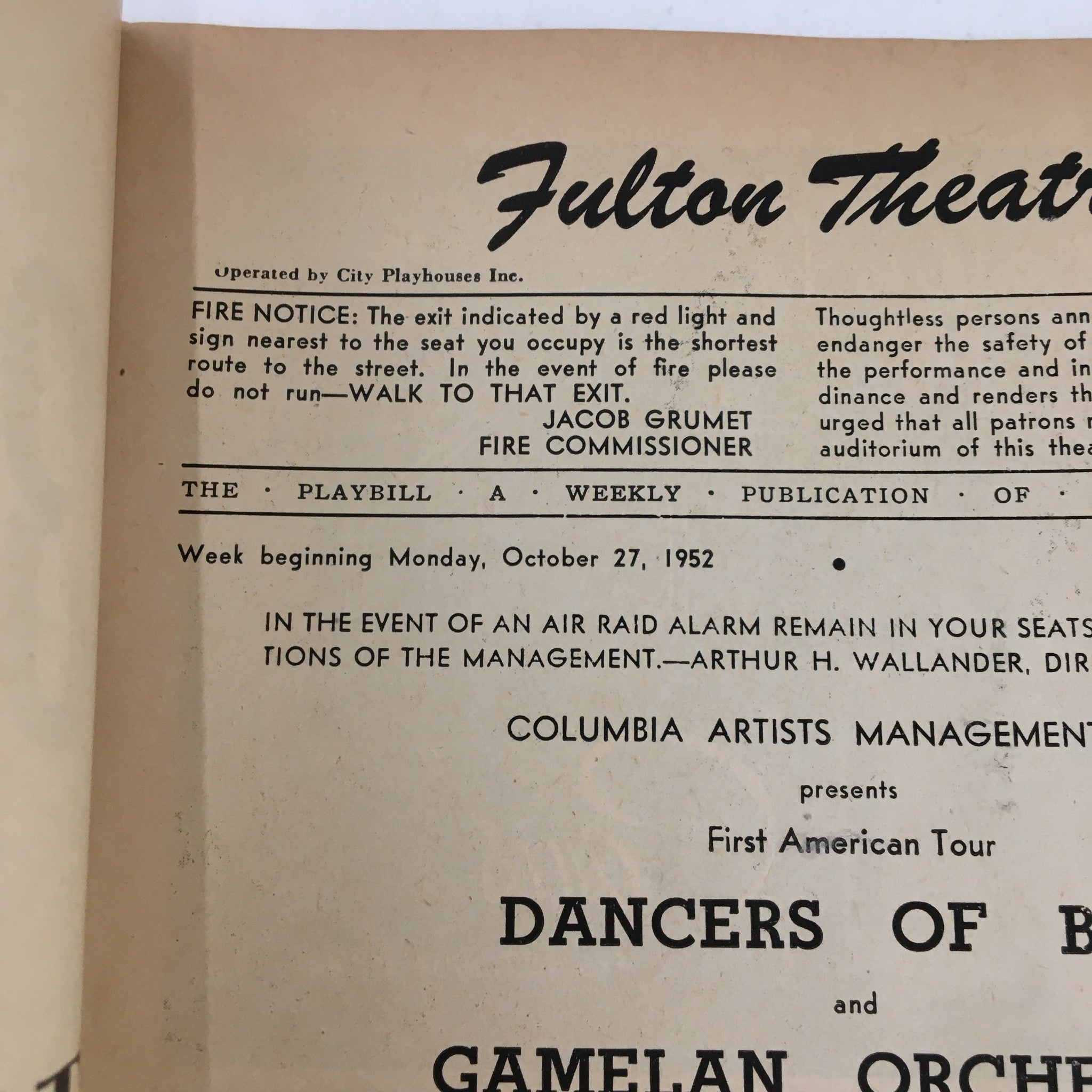 1952 Playbill Fulton Theatre Presents Dancers of Bali and Gamelan Orchestra