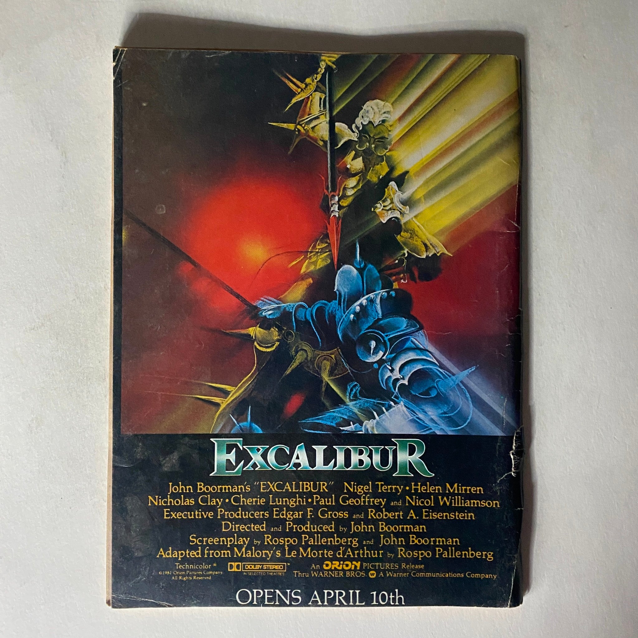 Back cover of the May 1981 issue of Rod Serling’s The Twilight Zone Magazine, displaying promotional content for the film Excalibur.