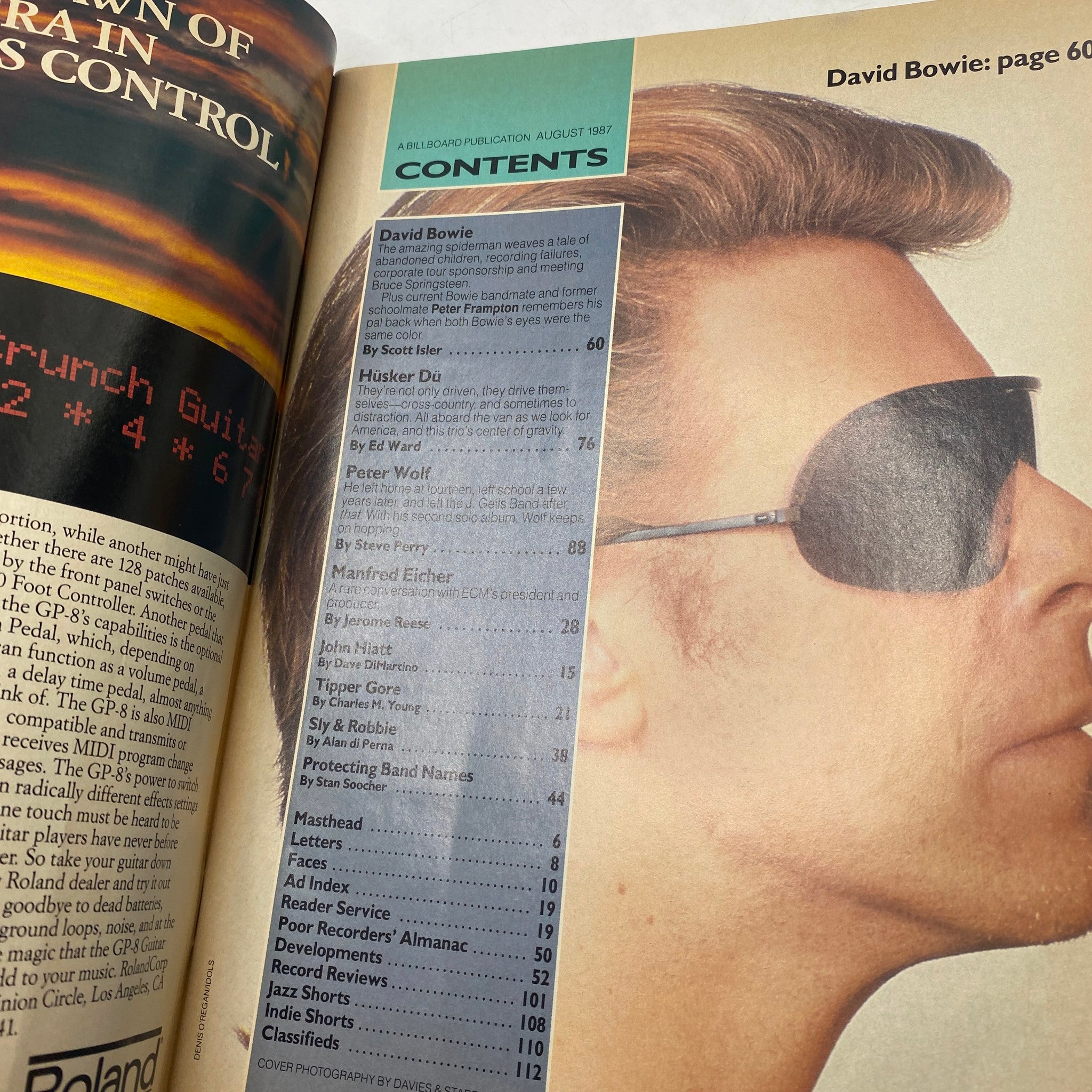 Inside page of Vintage Musician Magazine August 1987 showcasing the contents, including features on David Bowie and Peter Frampton, along with various music articles and interviews.