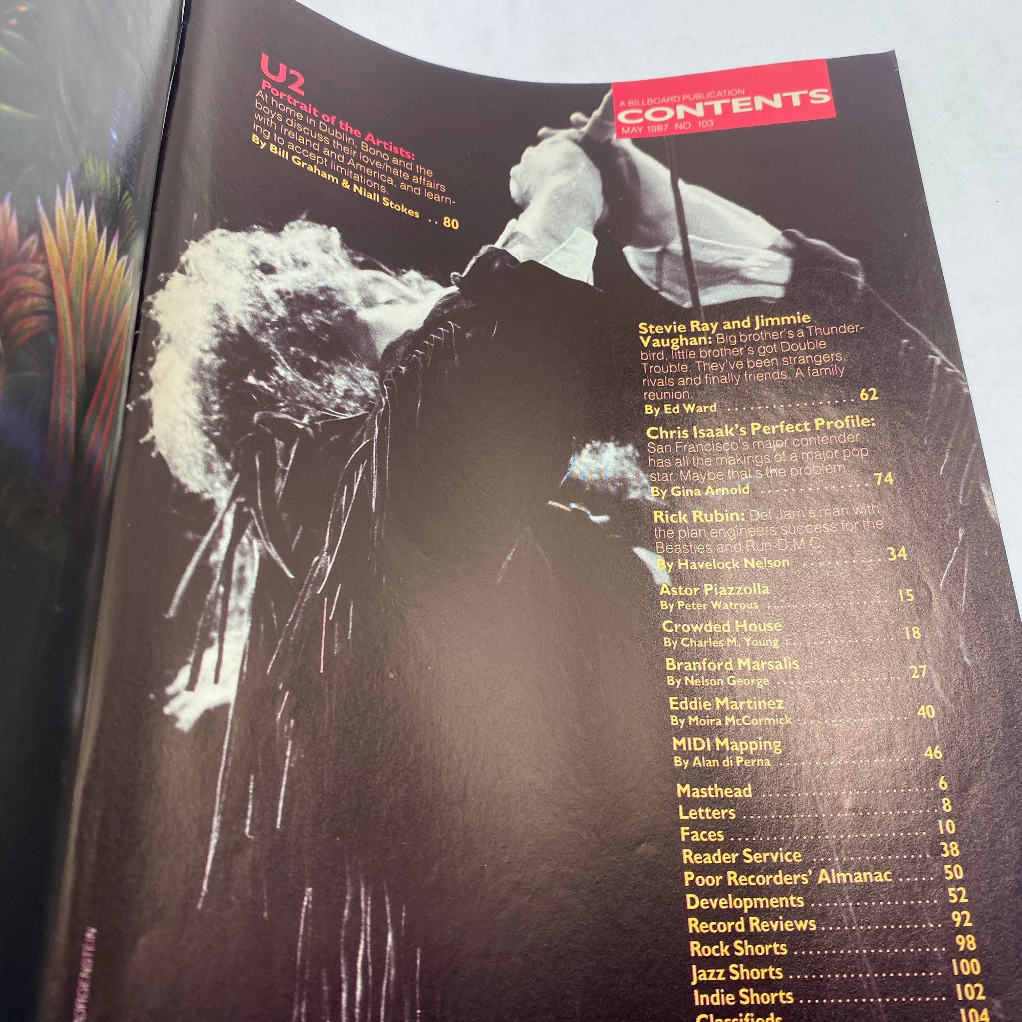Contents page of Vintage Musician Magazine May 1987 highlighting features on U2, Stevie Ray Vaughan, Jimmie Vaughan, and other artists.