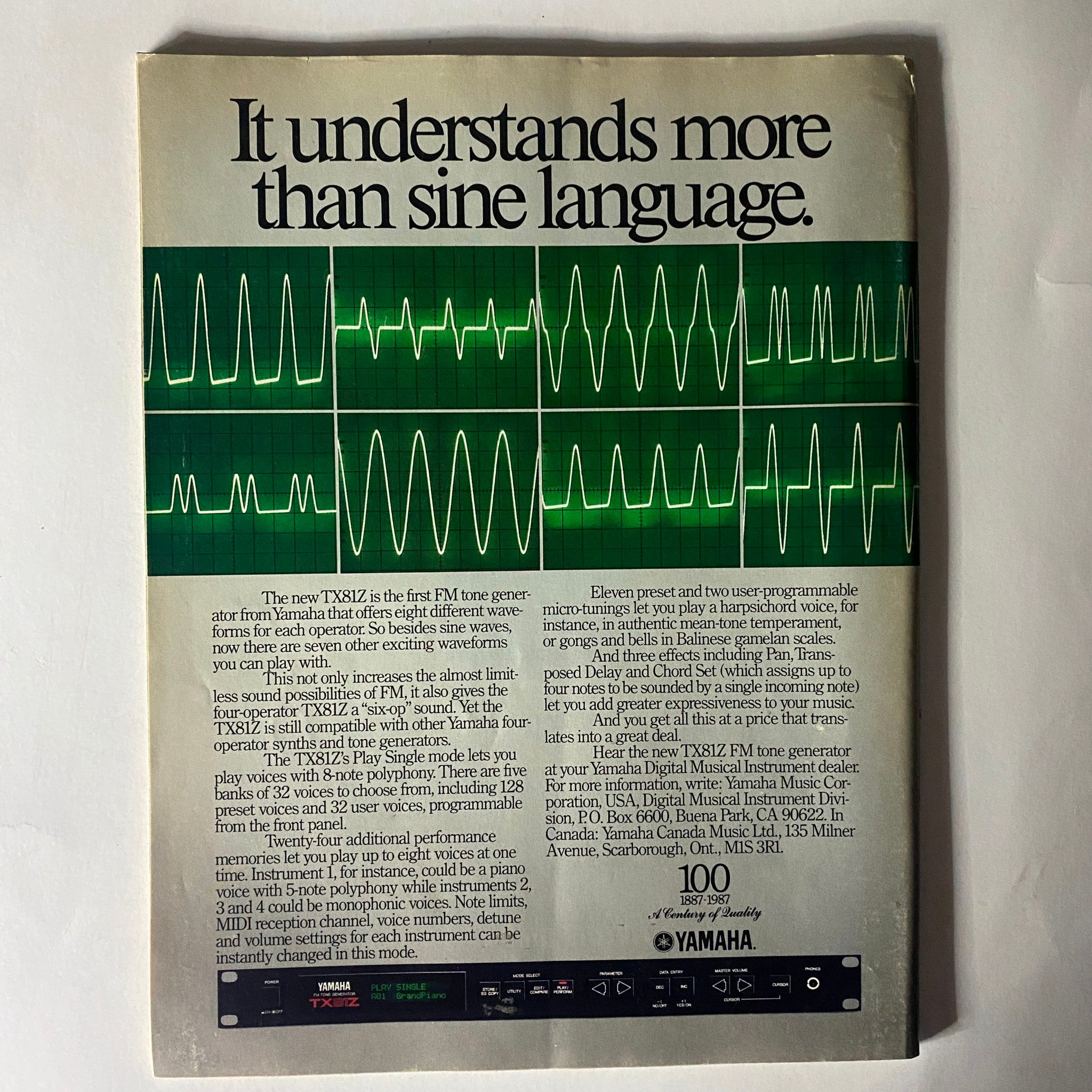 Vintage Musician Magazine May 1987 advertisement featuring Yamaha TX81Z FM tone generator with waveforms visual representation, showcasing its sound capabilities and features.
