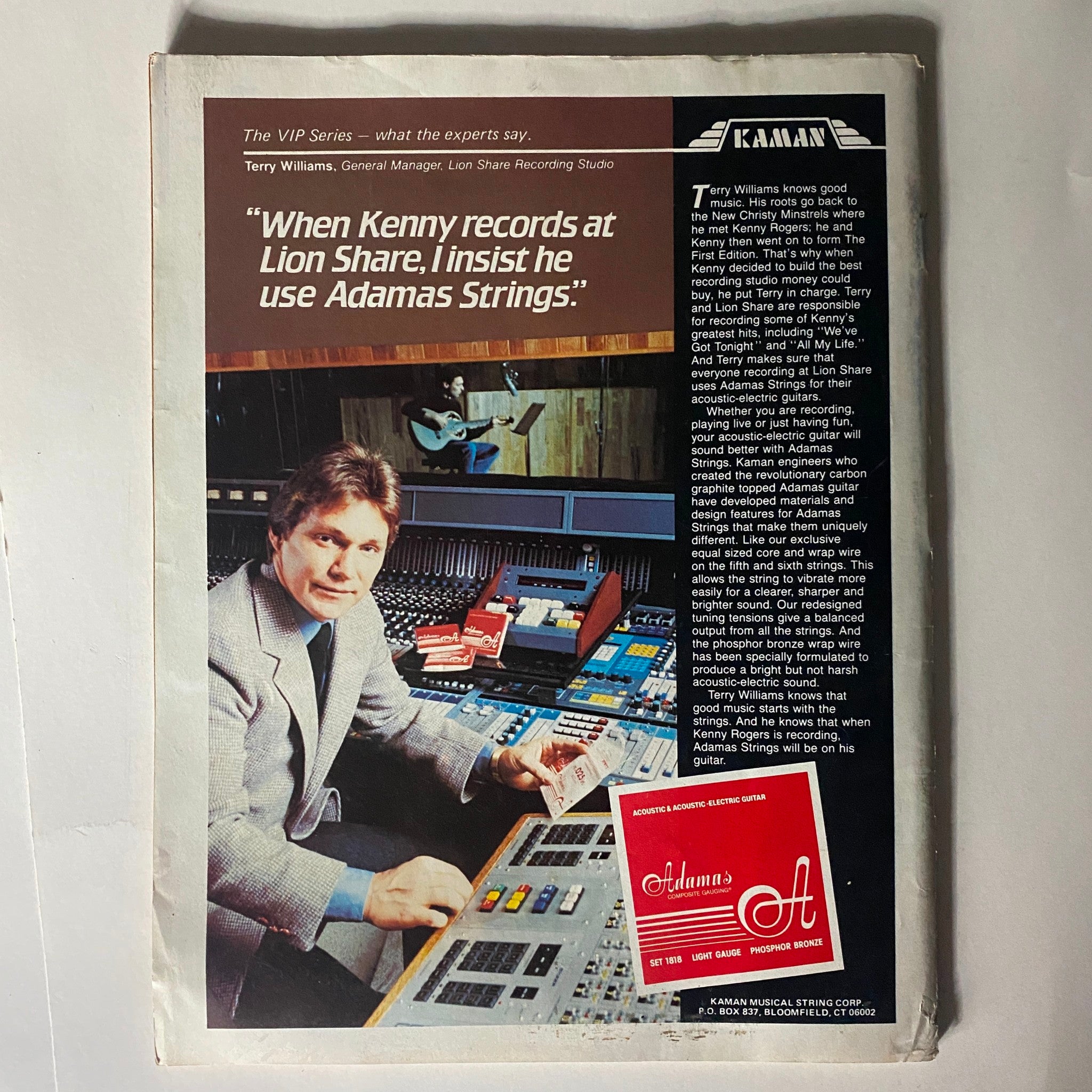Back cover of VTG Musician Magazine February 1984, showcasing an advertisement for Adamas Strings with Terry Williams, capturing the essence of the recording studio environment.