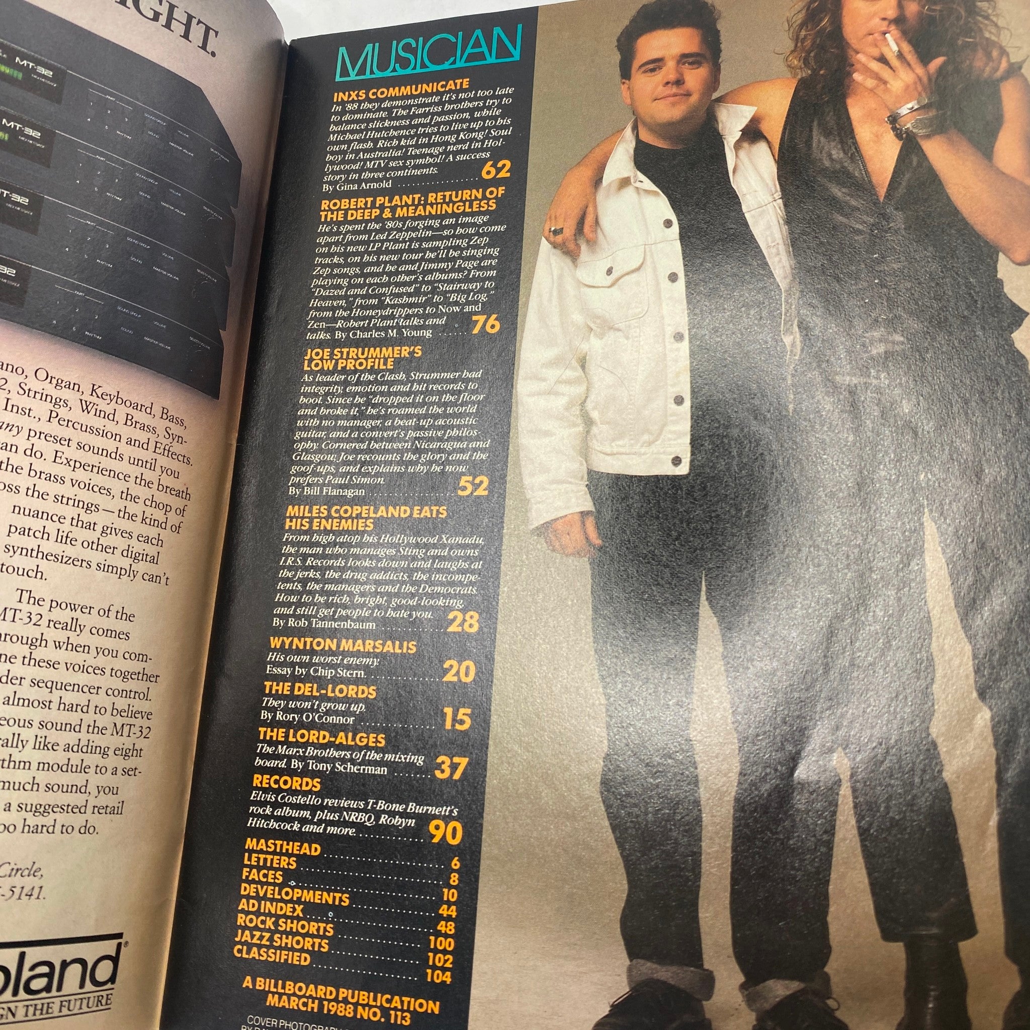Interior page of the March 1988 Musician Magazine, issue No. 113, displaying the table of contents featuring articles including Robert Plant and Joe Strummer, highlighting the music scene of the late 1980s.