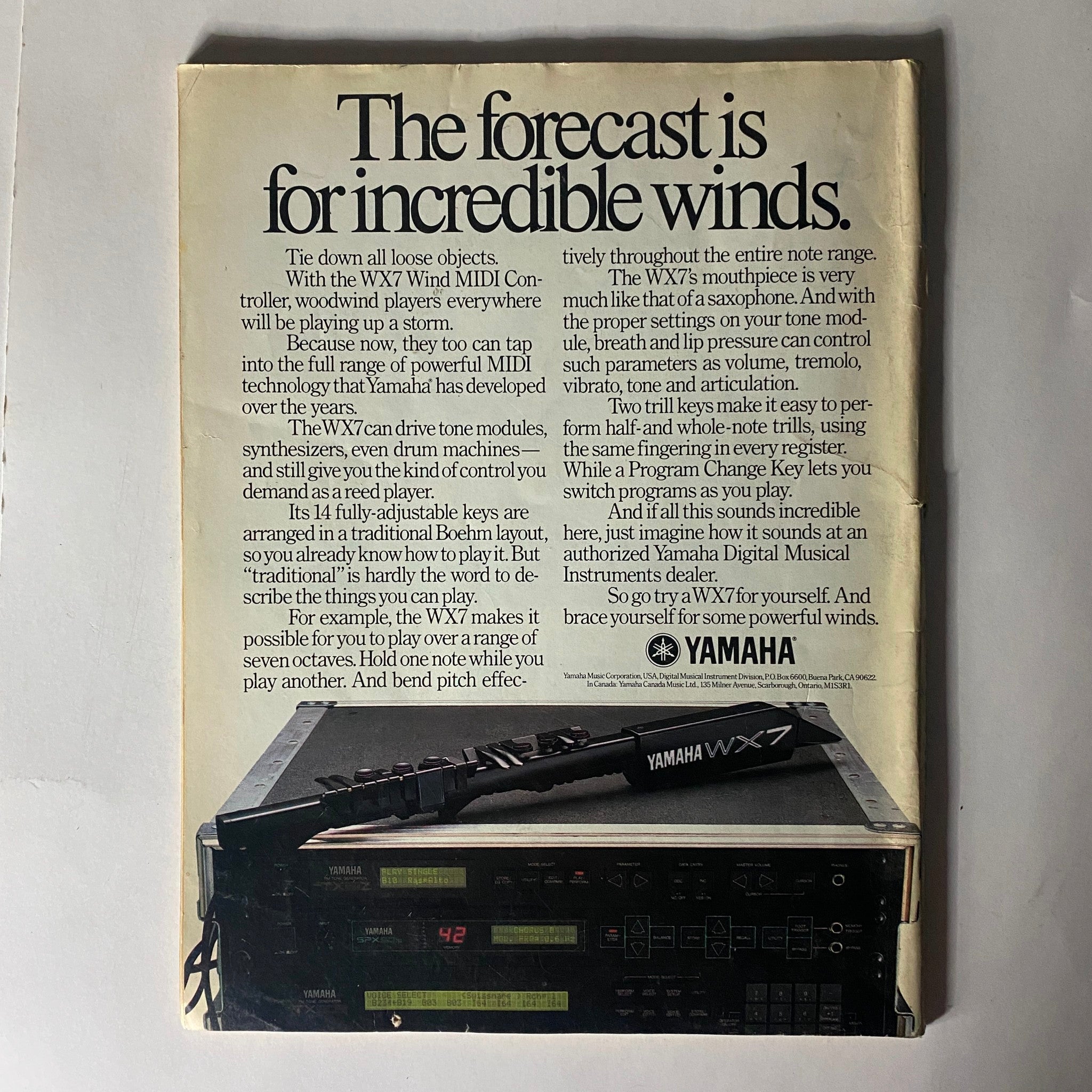 Yamaha WX7 Wind MIDI controller advertisement featuring a brown background, displaying the text 'The forecast is for incredible winds'. The ad highlights the features of the WX7, including its ability to control MIDI technology, adjustable keys, and play a range of seven octaves. The advertisement comes from the March 1988 issue of Musician Magazine titled 'Zen and the Art of Led Zeppelin'.