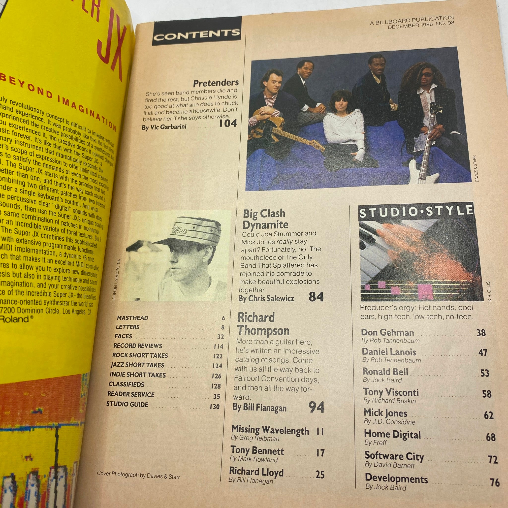 Contents page of VTG Musician Magazine December 1986 showcasing an article on The Pretenders, including insights into Chrissie Hynde's influence on music.