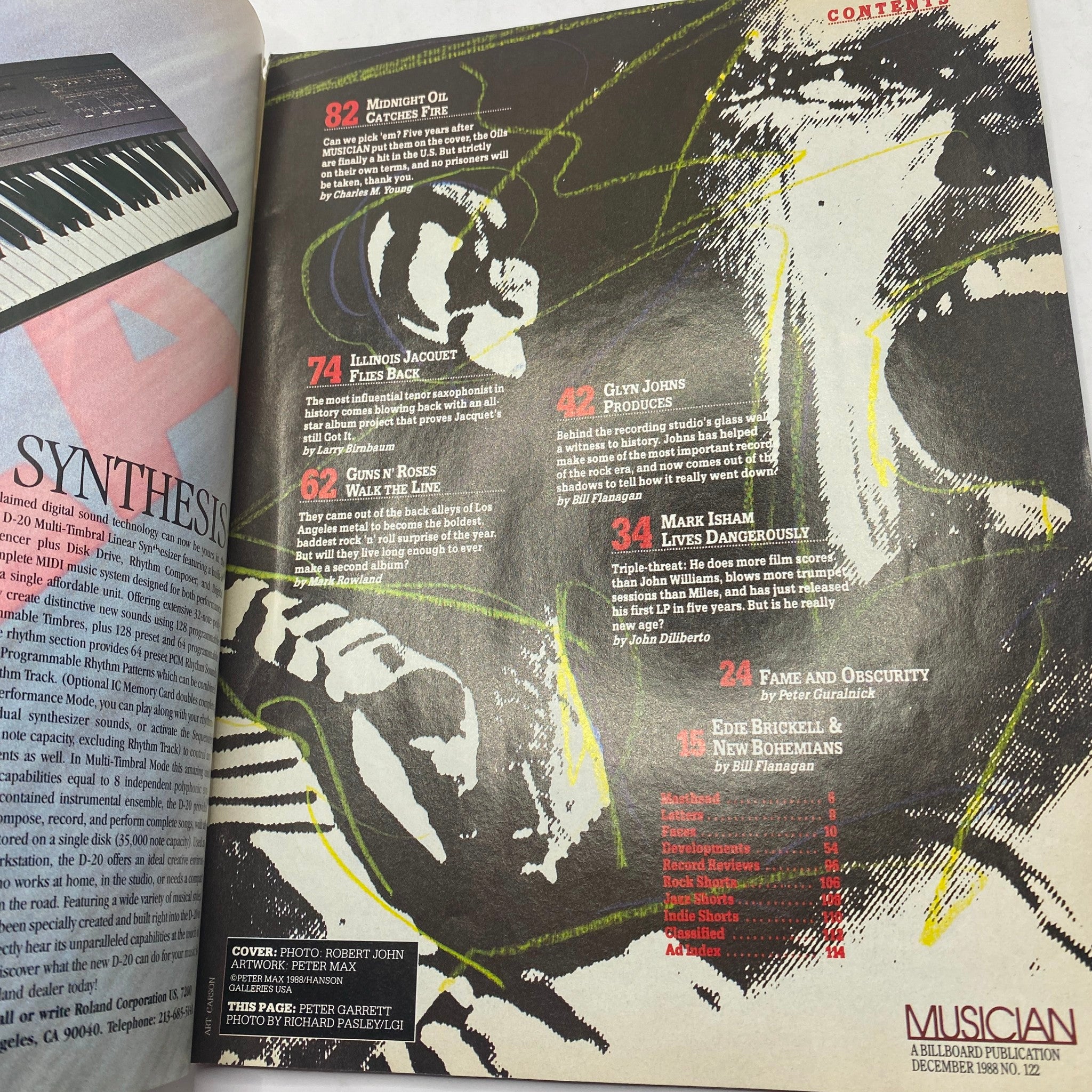 Inside page of the VTG Musician Magazine December 1988, displaying the contents including a feature on Guns N' Roses. The page includes artistic elements and typography relevant to the magazine's vintage style.