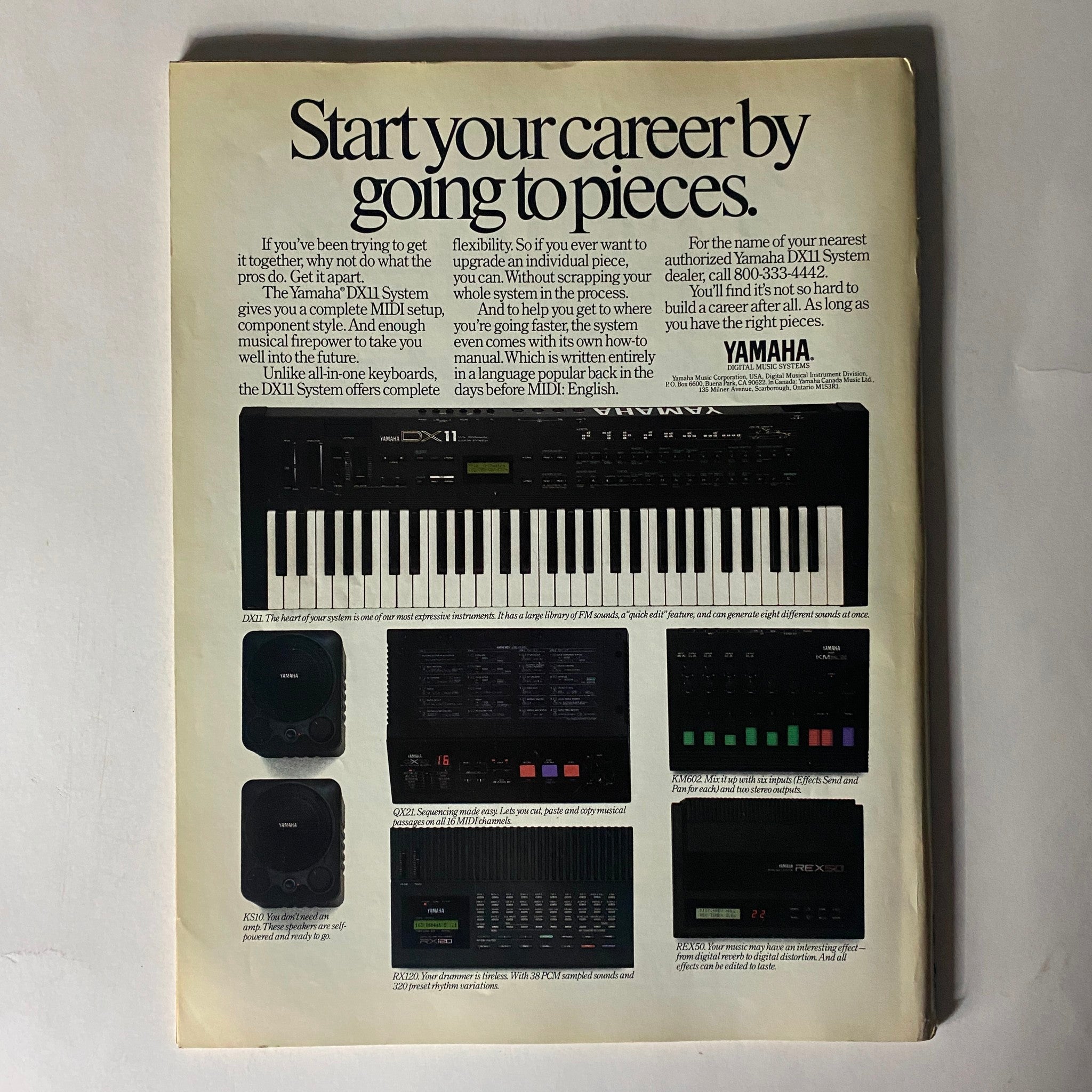 Advertisement page for the Yamaha DX11 System from Musician Magazine November 1988, showcasing keyboards and musical components.