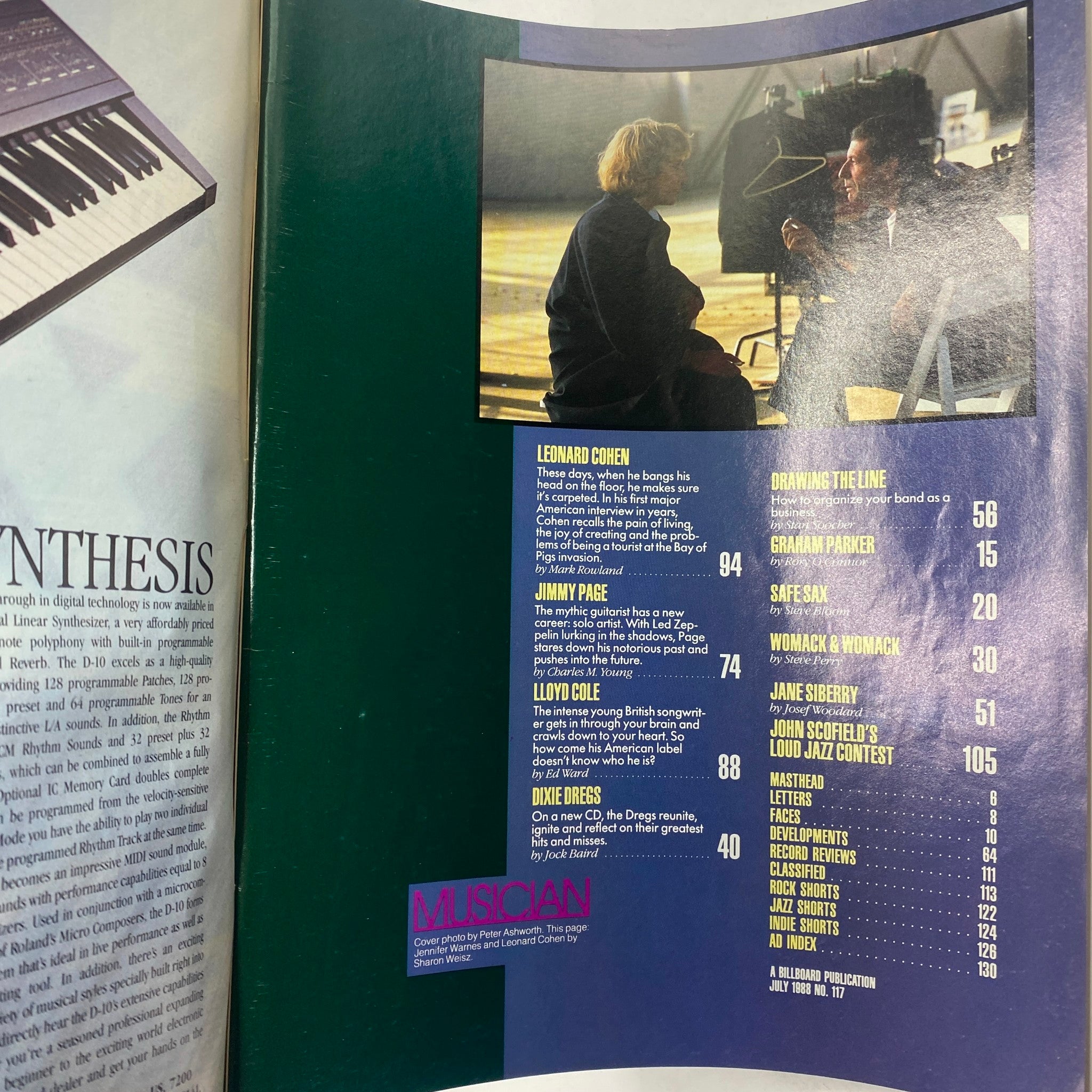 Inside page of the VTG Musician Magazine July 1988 No. 117, highlighting a section that includes an article about Jimmy Page, part of a rich content exploring the music scene of the late 1980s.