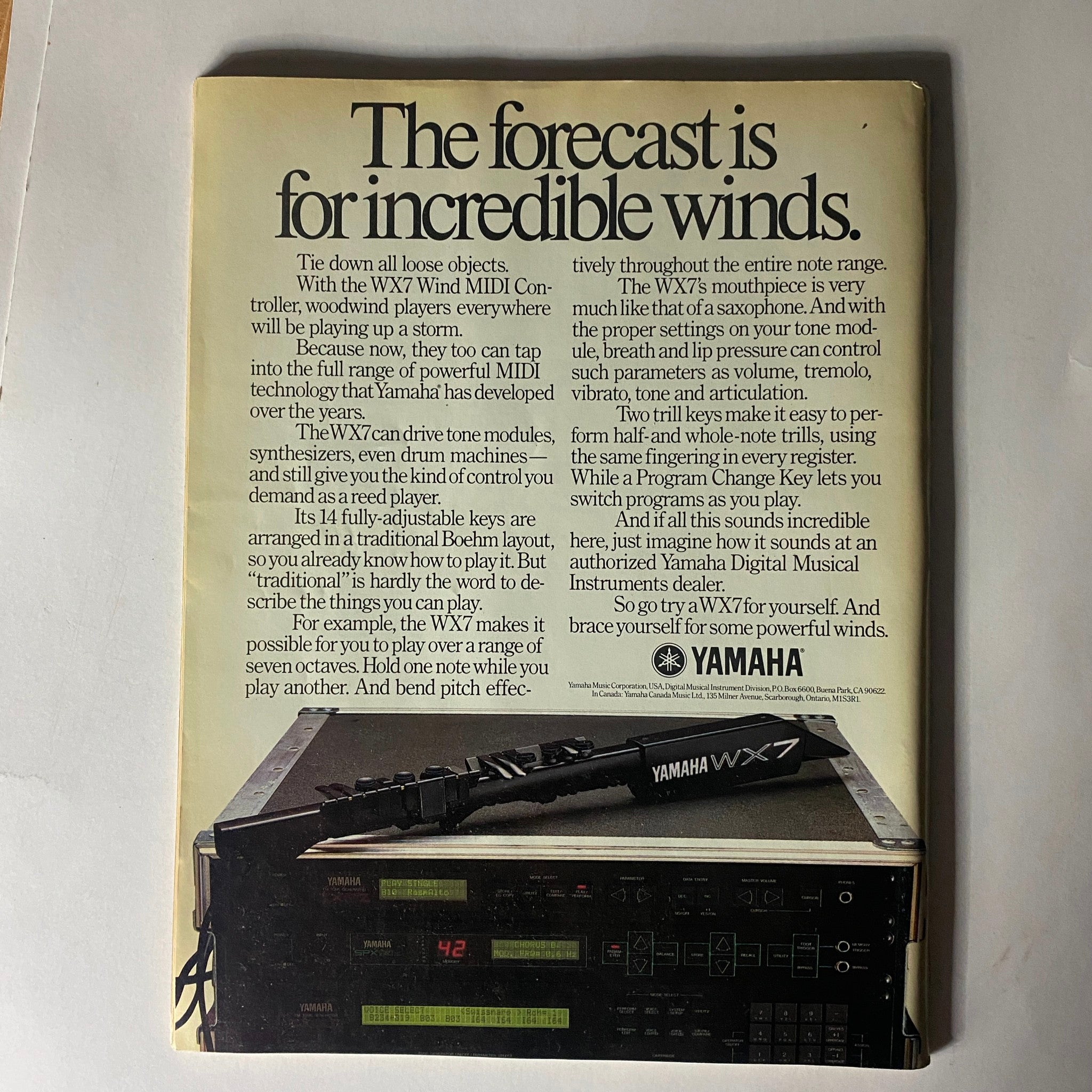Back cover of the VTG Musician Magazine July 1988 No. 117, featuring a Yamaha WX7 advertisement that illustrates advanced MIDI technology for woodwind players.