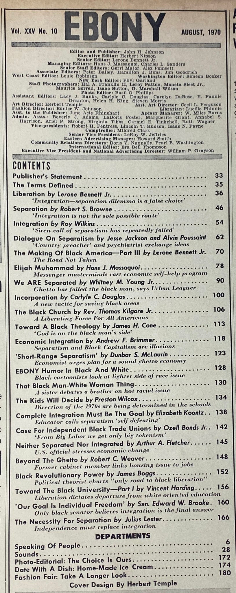 Contents page of the August 1970 Ebony Magazine, Vol. XXV, No. 10, detailing articles and features included in the Black America Special Issue.