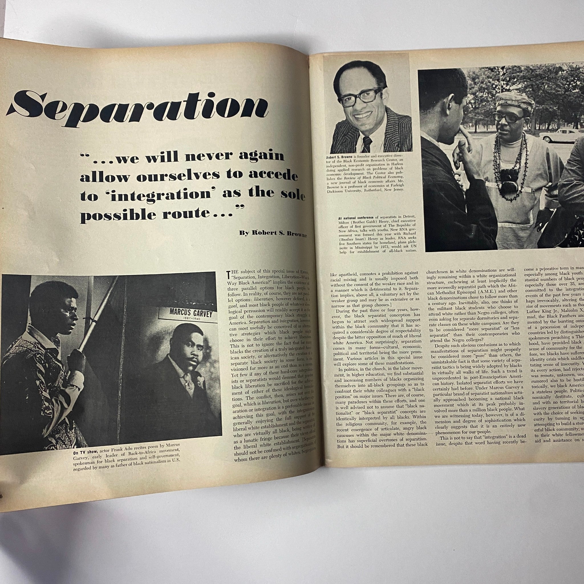 Article titled 'Separation' by Robert S. Browne, from the August 1970 Ebony Magazine, discussing themes of integration and racial identity within the Black America Special Issue.